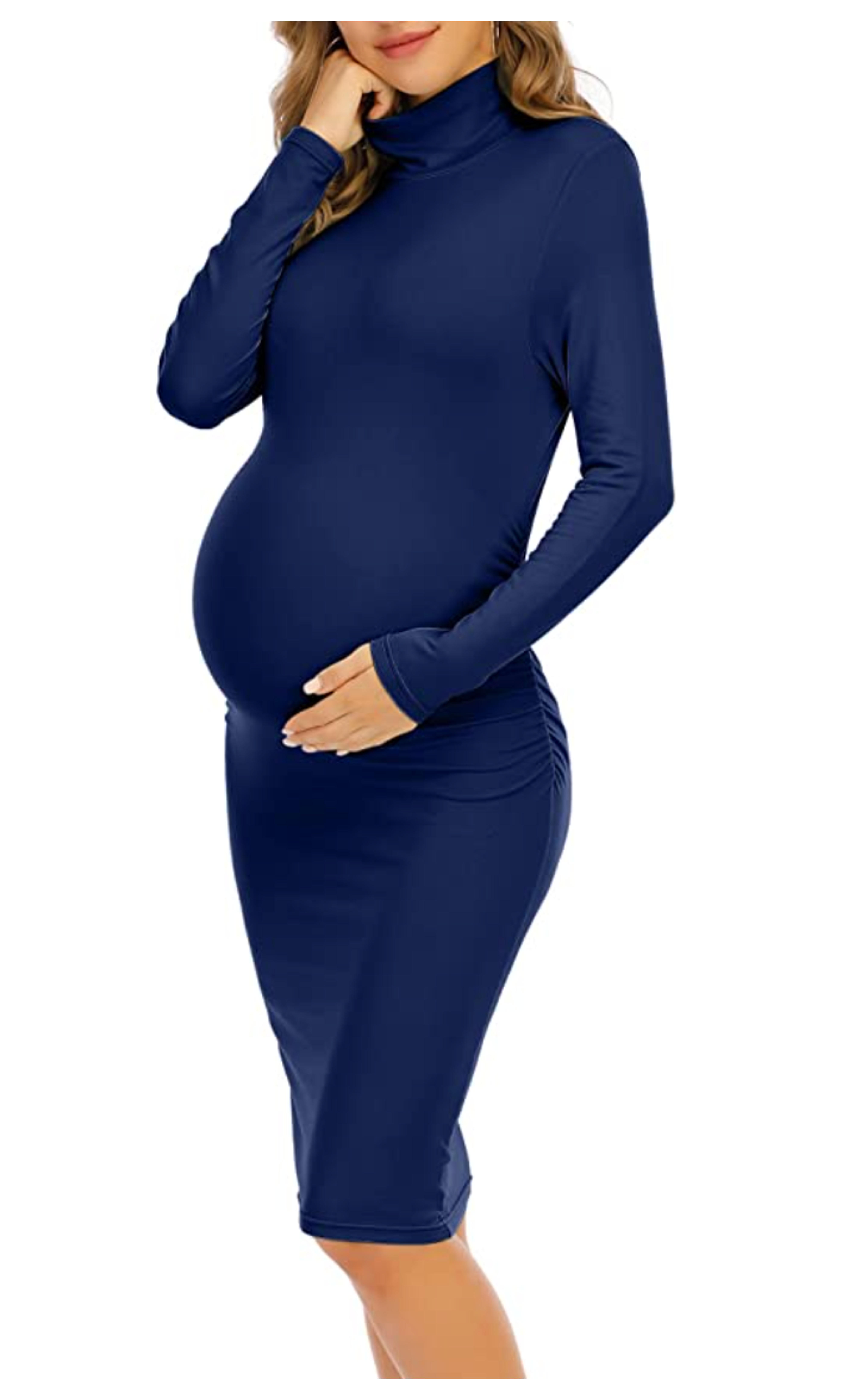 Yeshape Turtleneck & Long Sleeve Maternity Dress Side Ruched Maternity Dress for Daily Wear Baby Shower Maternity Photoshoot Brown X-Large