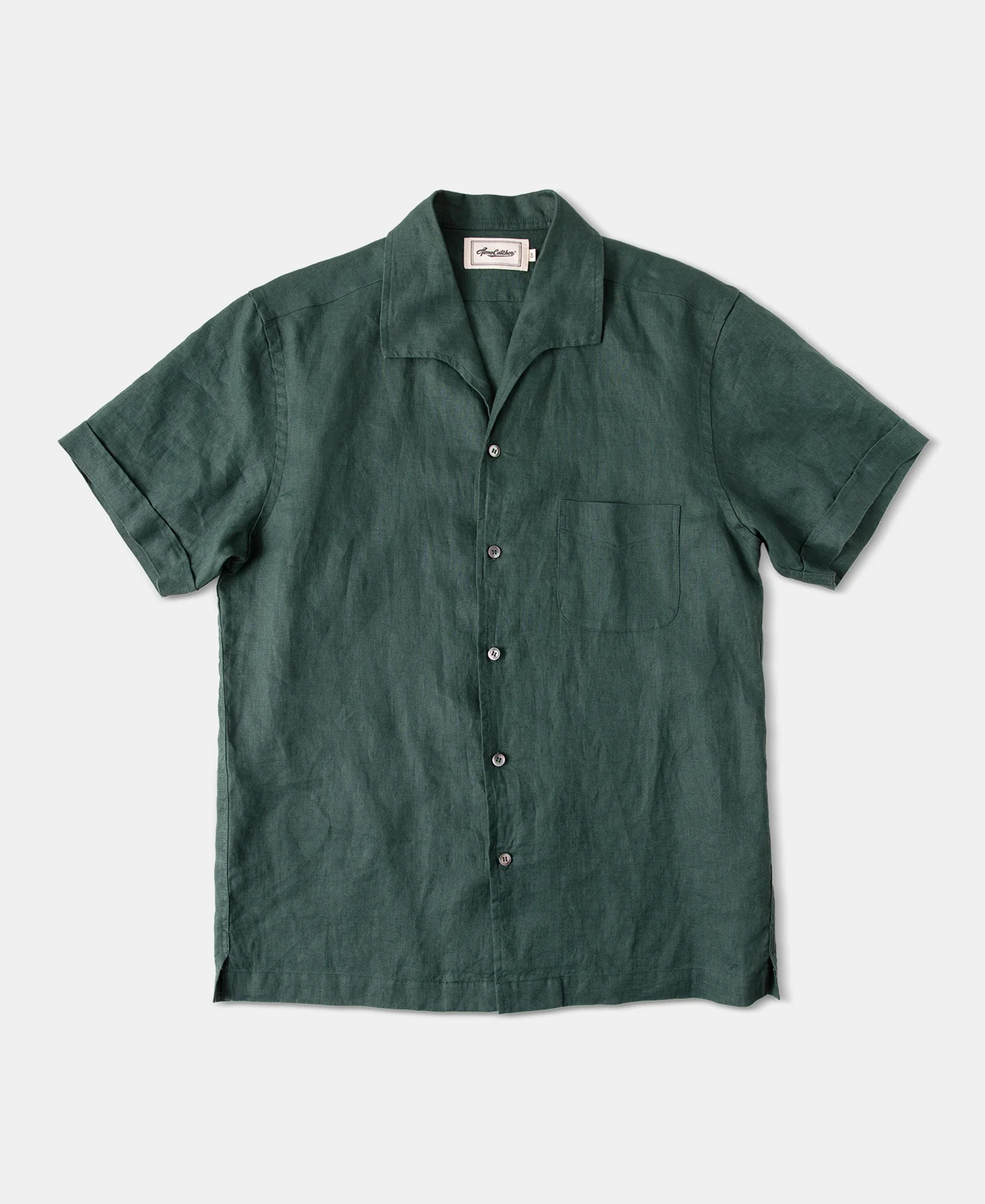 1950s Italian Collar Camp Collar Linen Shirt - Dark Green | Olderbest