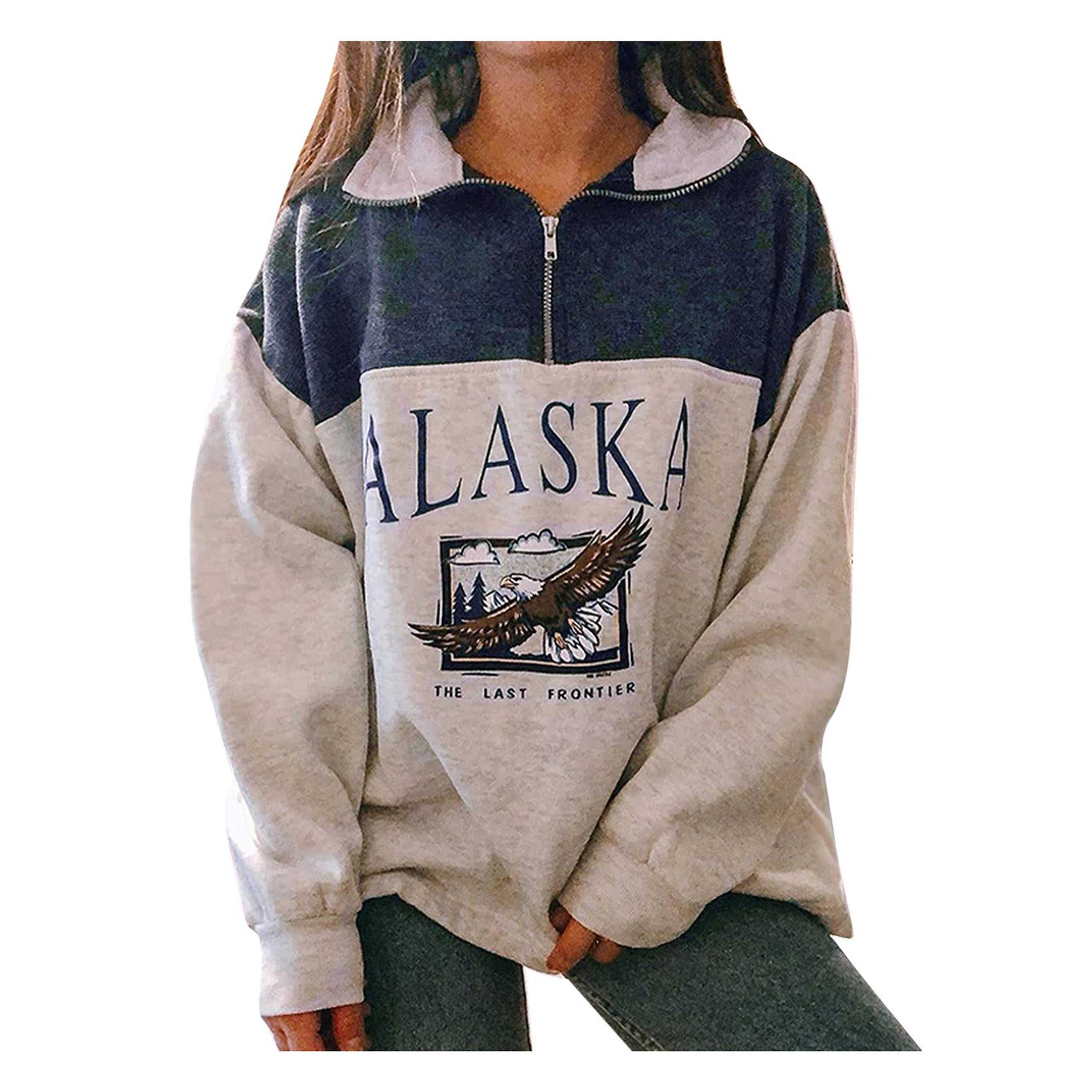 Paity Womens Alaska The Last Frontier Sweatshirt Long Sleeve Tee Eagle Print Colorblock Zip Oversized Pullover Blue at Amazon Women’s Clothing store