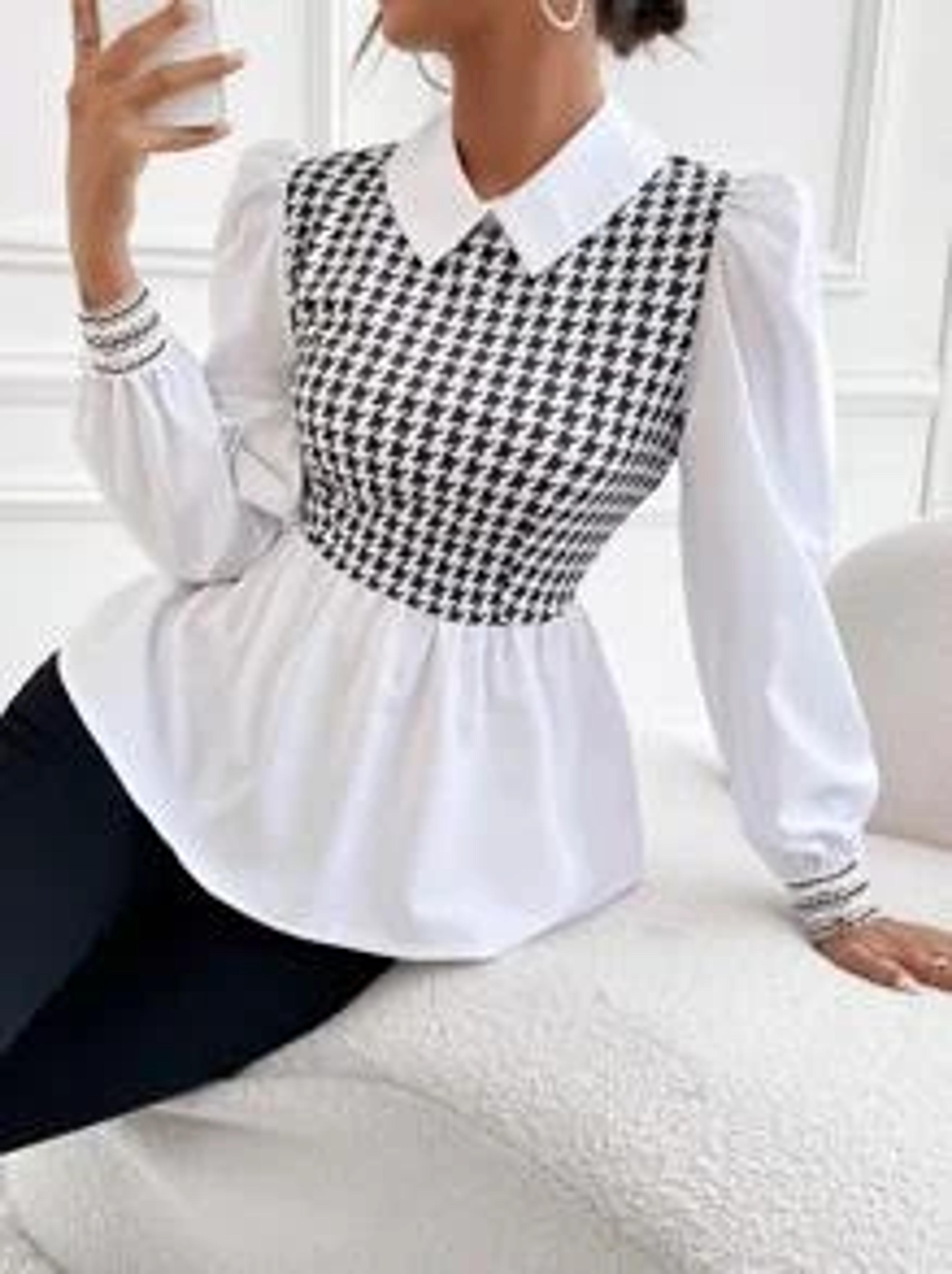 SHEIN Modely Houndstooth Print Puff Sleeve Peplum 2 In 1 Blouse | SHEIN USA