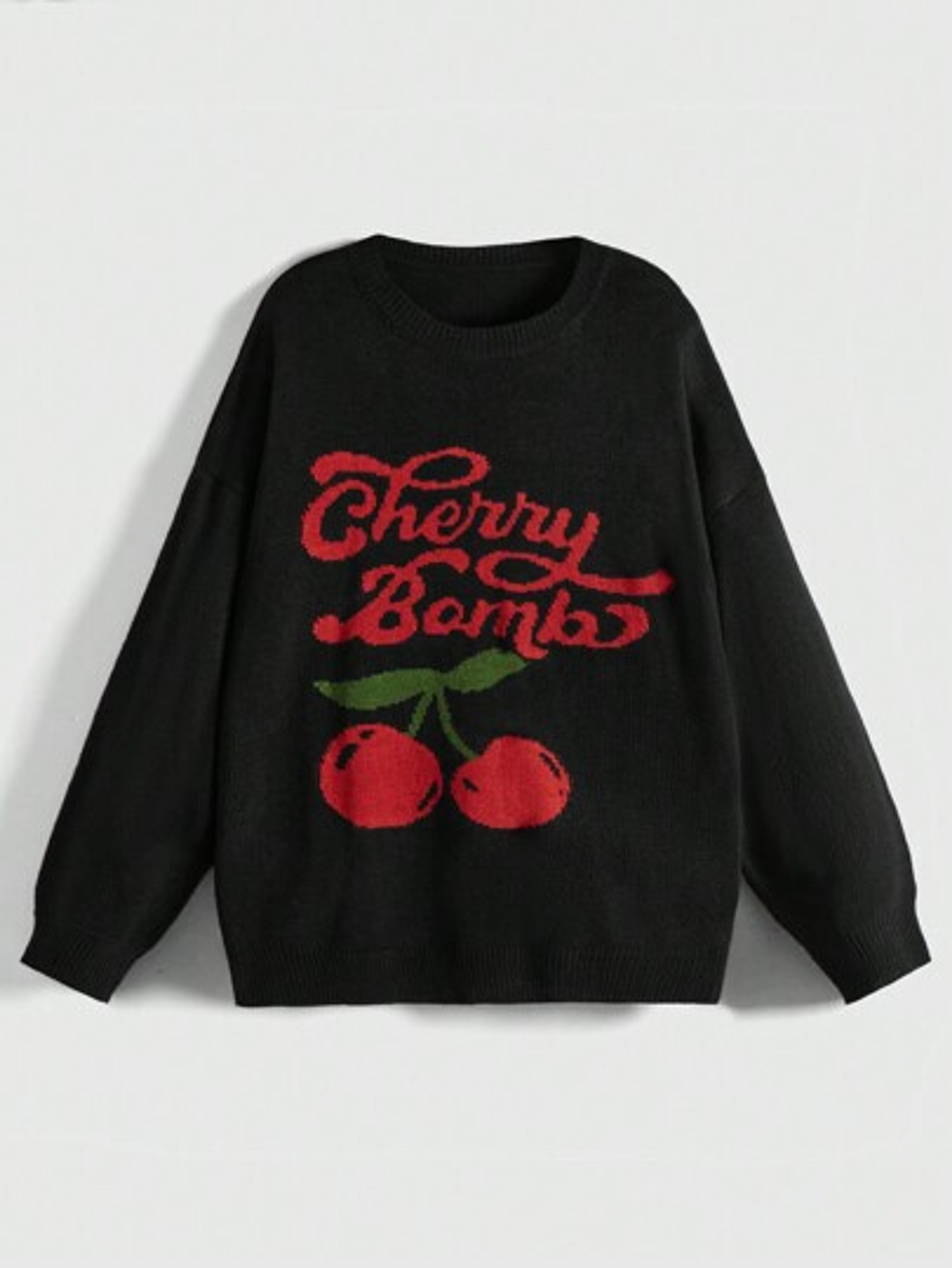 Kawaii Letter Cherry Pattern Drop Shoulder Sweater