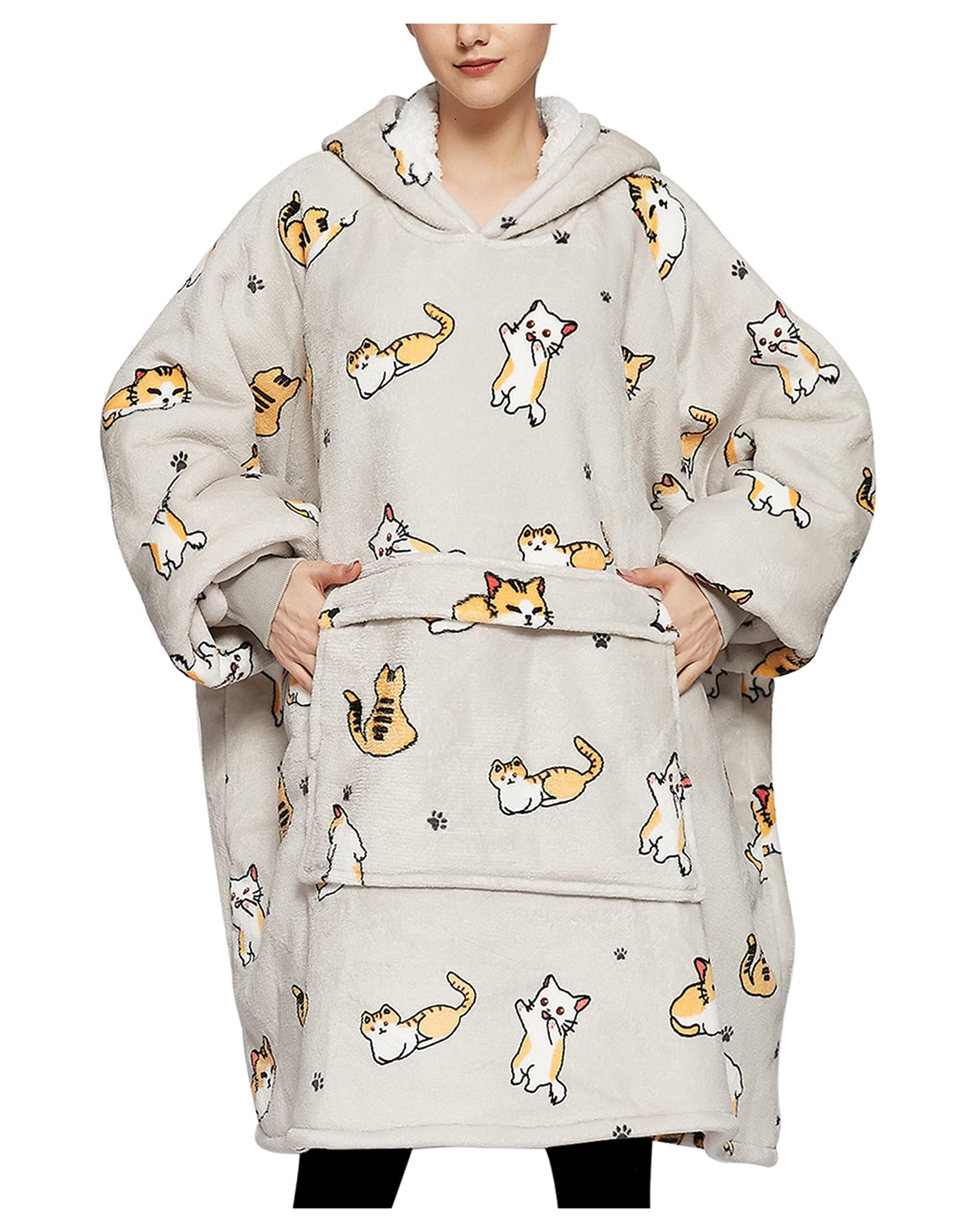 Wearable Blanket Hoodie for Adults All Patterns Oversized Sweatshirt Blanket with Pockets Cat Adult