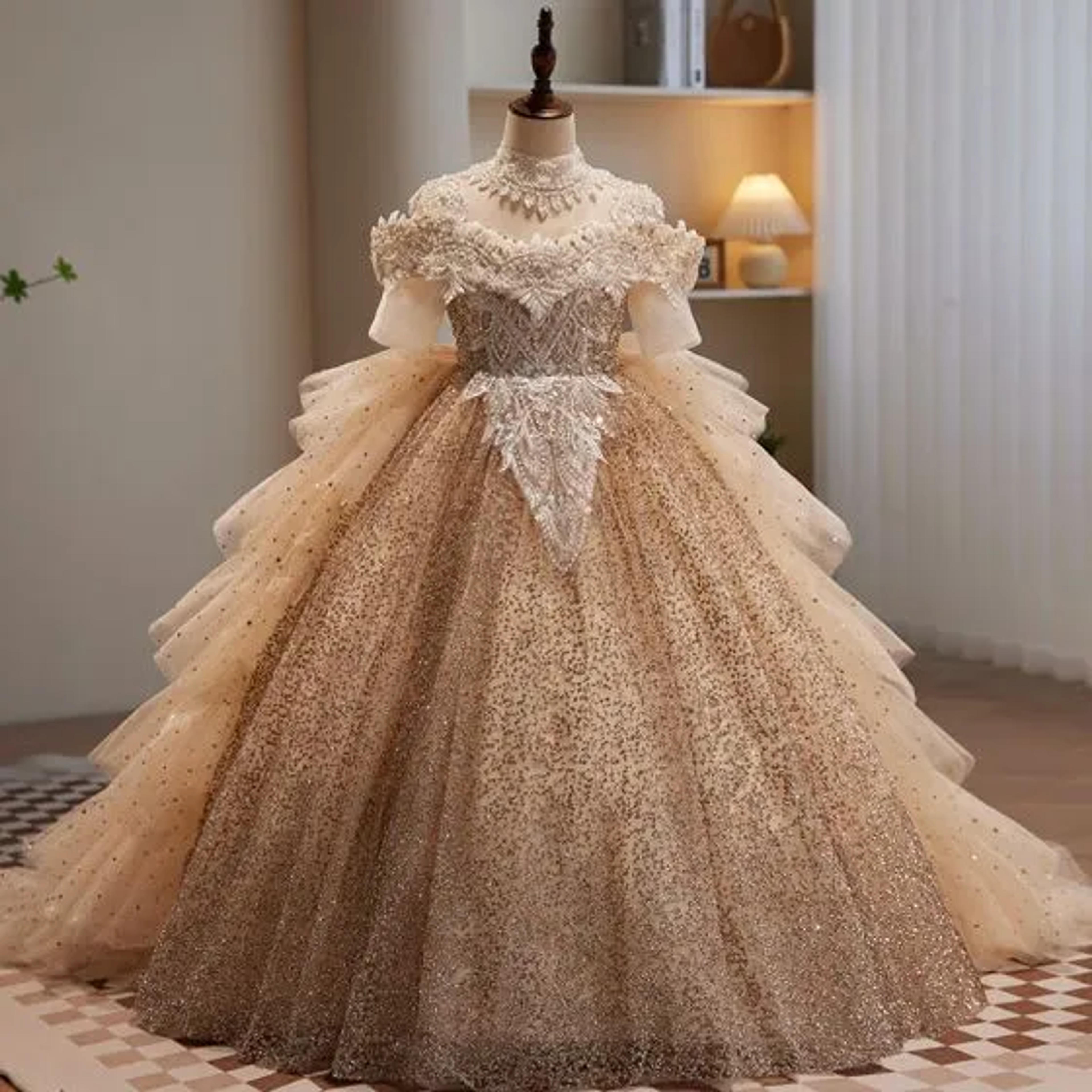 Sparkly Charming Champagne Beading Pearl Sequins Rhinestone Cascading Ruffles Birthday Flower Girl Dresses 2023 Ball Gown Scoop Neck Short Sleeve Backless Floor-Length / Long