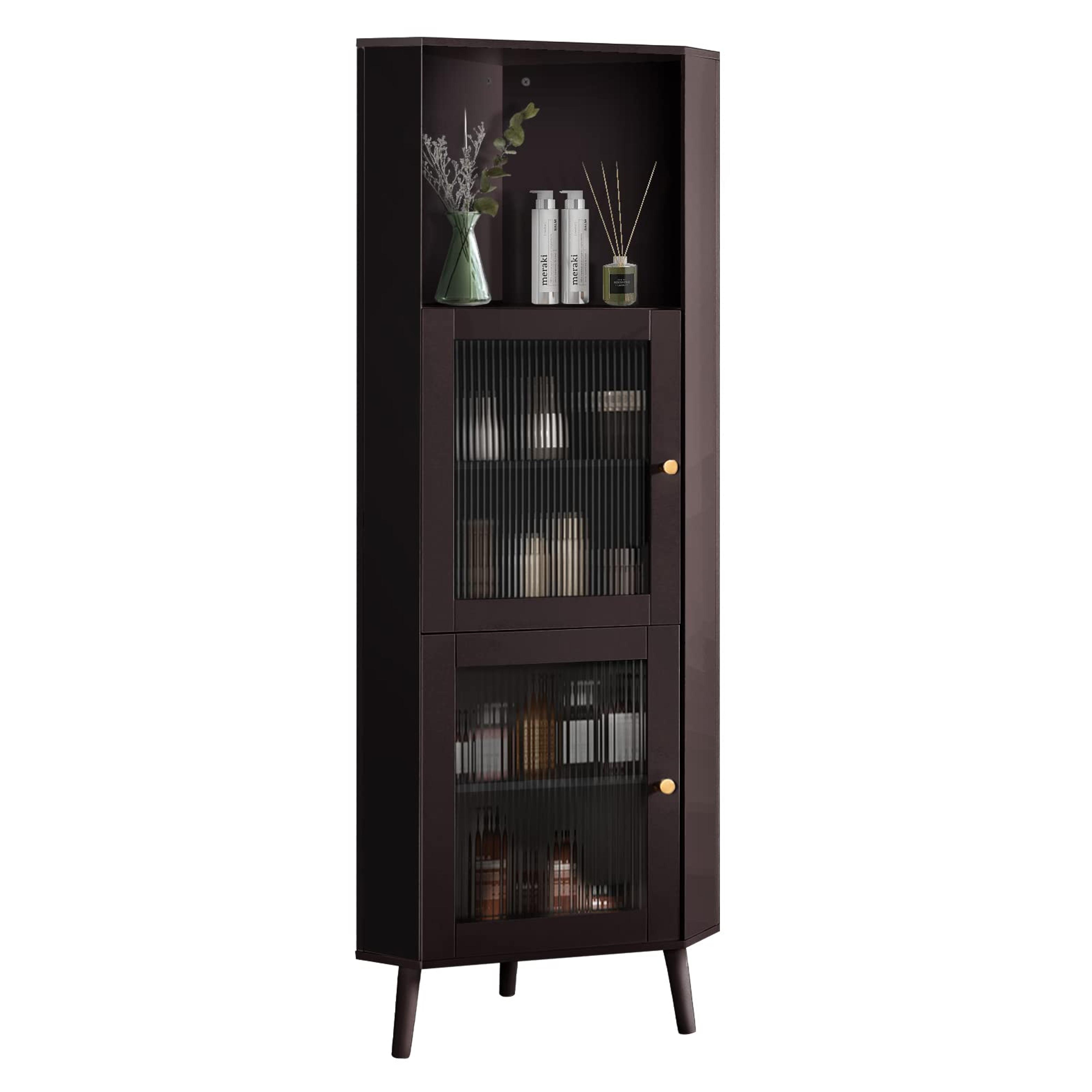 Yokstore Corner Cabinet, Bathroom Corner Cabinet, Tall Corner Cabinet with Glass Doors, Free Standing Floor Corner Storage Cabinet, Adjustable Shelves, for Kitchen Living Room Dinning Room, Dark Brown