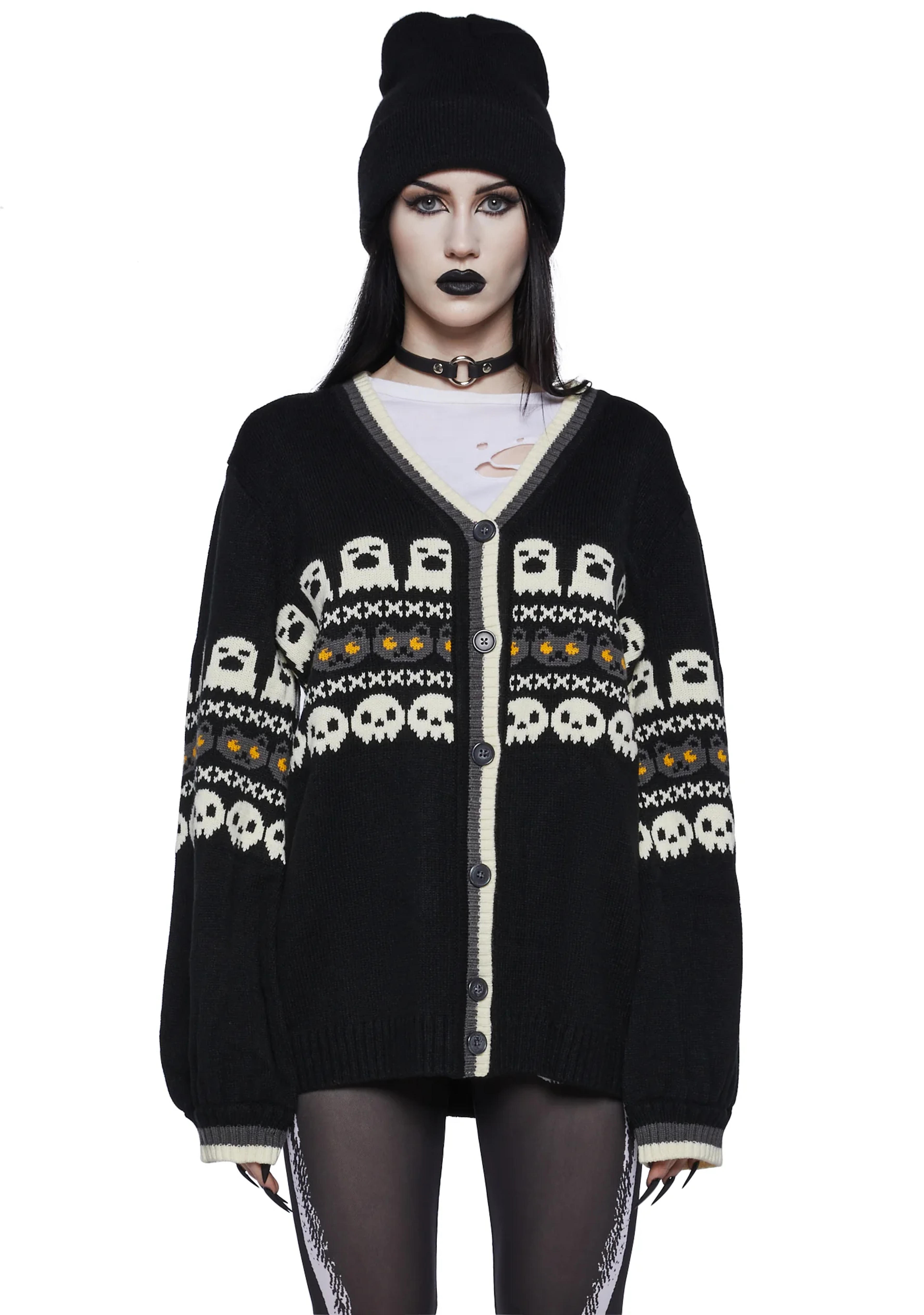 Trickz N' Treatz Ghost Skull Cat Knit Cardigan - Black – Dolls Kill