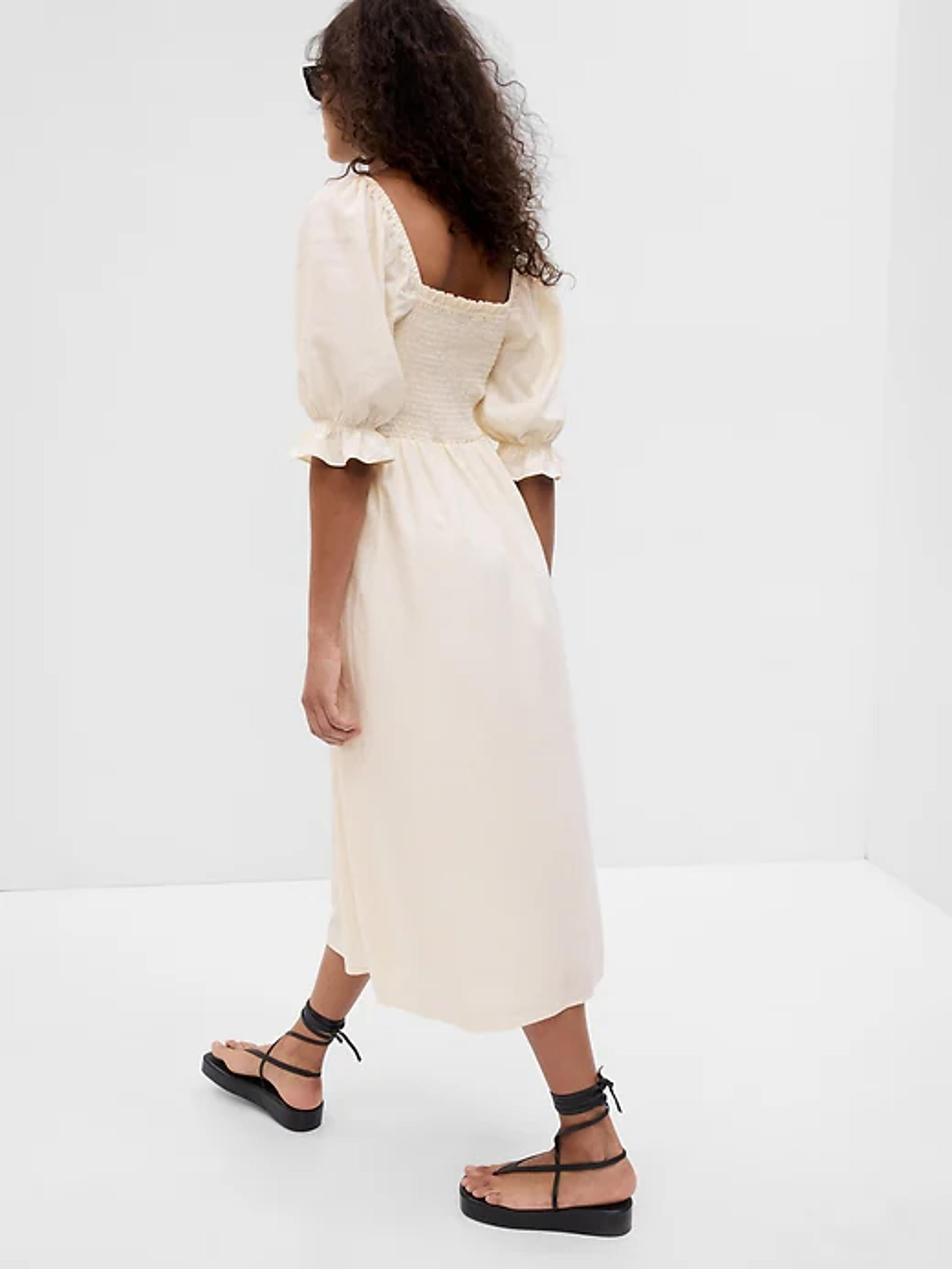 Linen-Blend Puff Sleeve Midi Dress | Gap