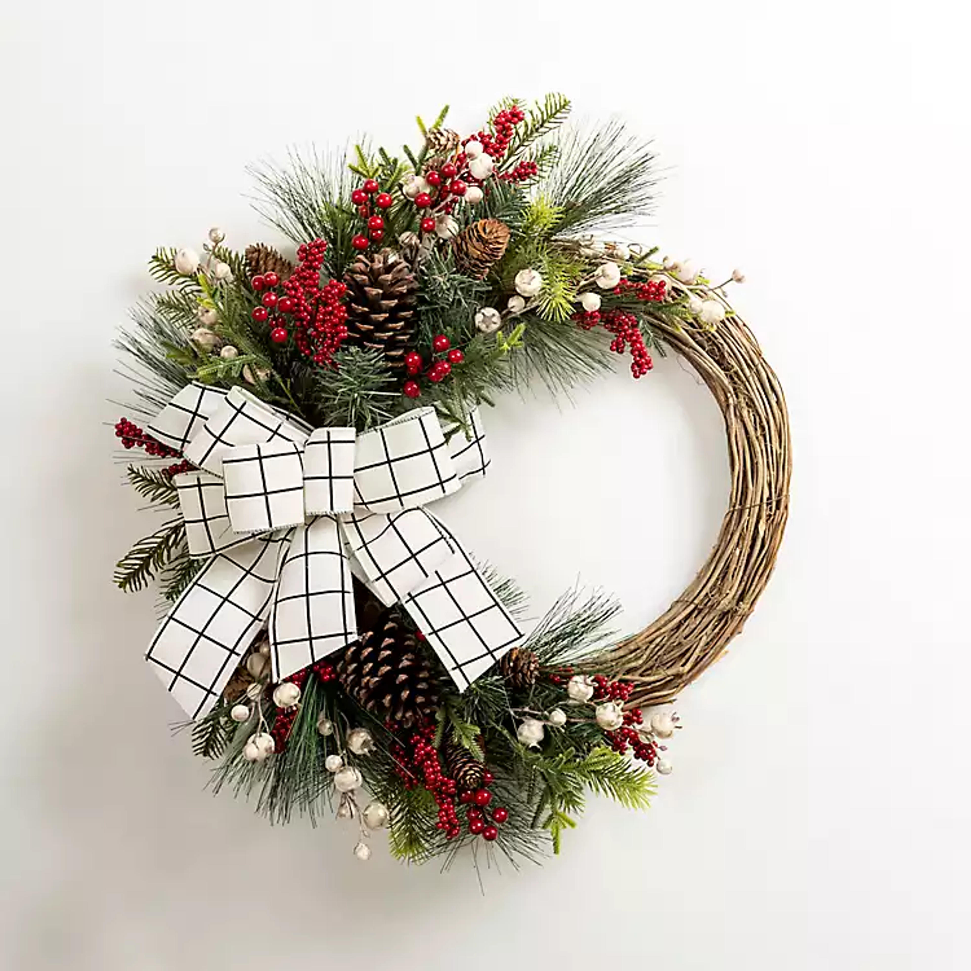 Windowpane Plaid Berry Bow Wreath | Kirklands Home