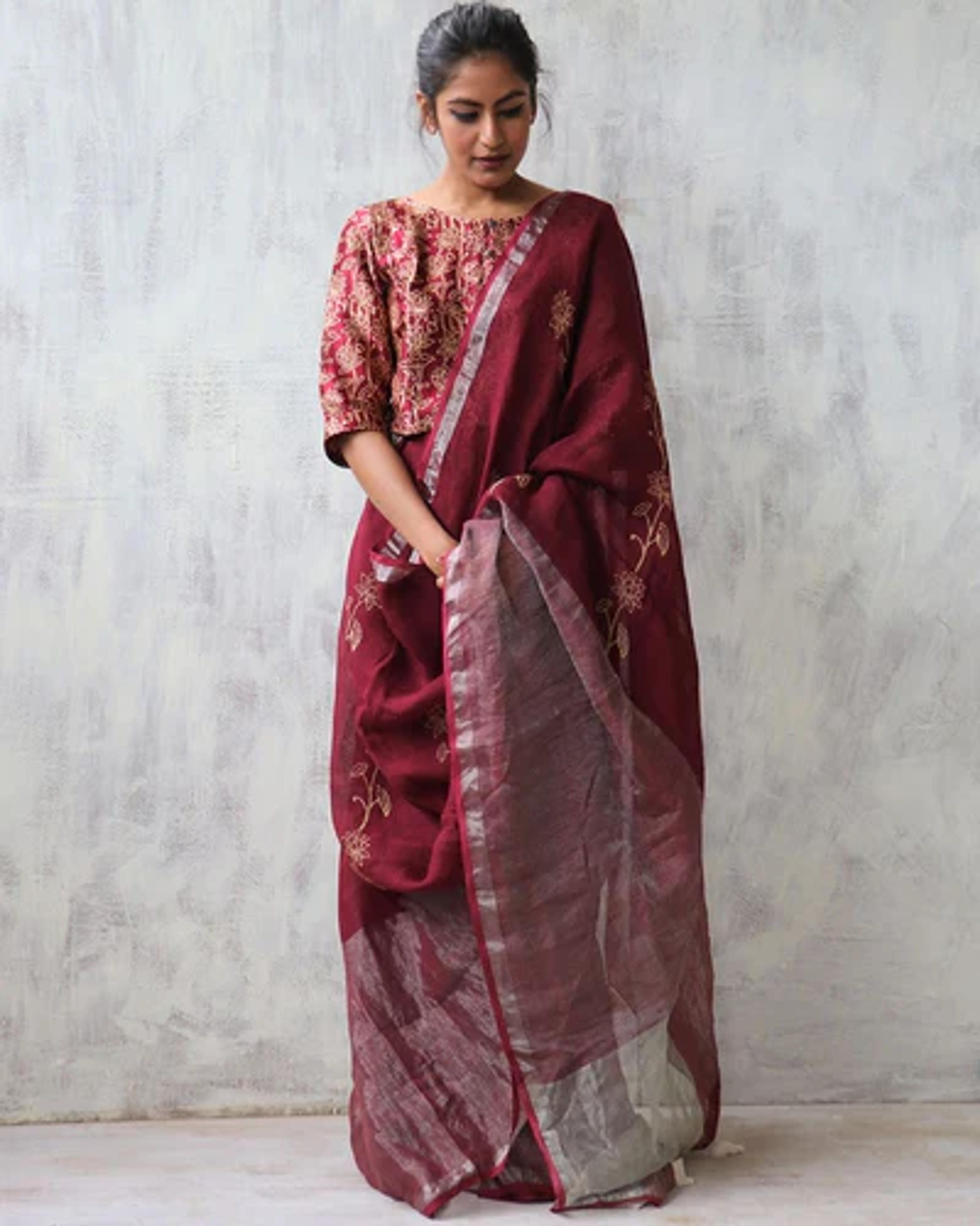 Buy Maroon Blockprint Handwoven Linen Zari Saree | Chidiyaa – Chidiyaa