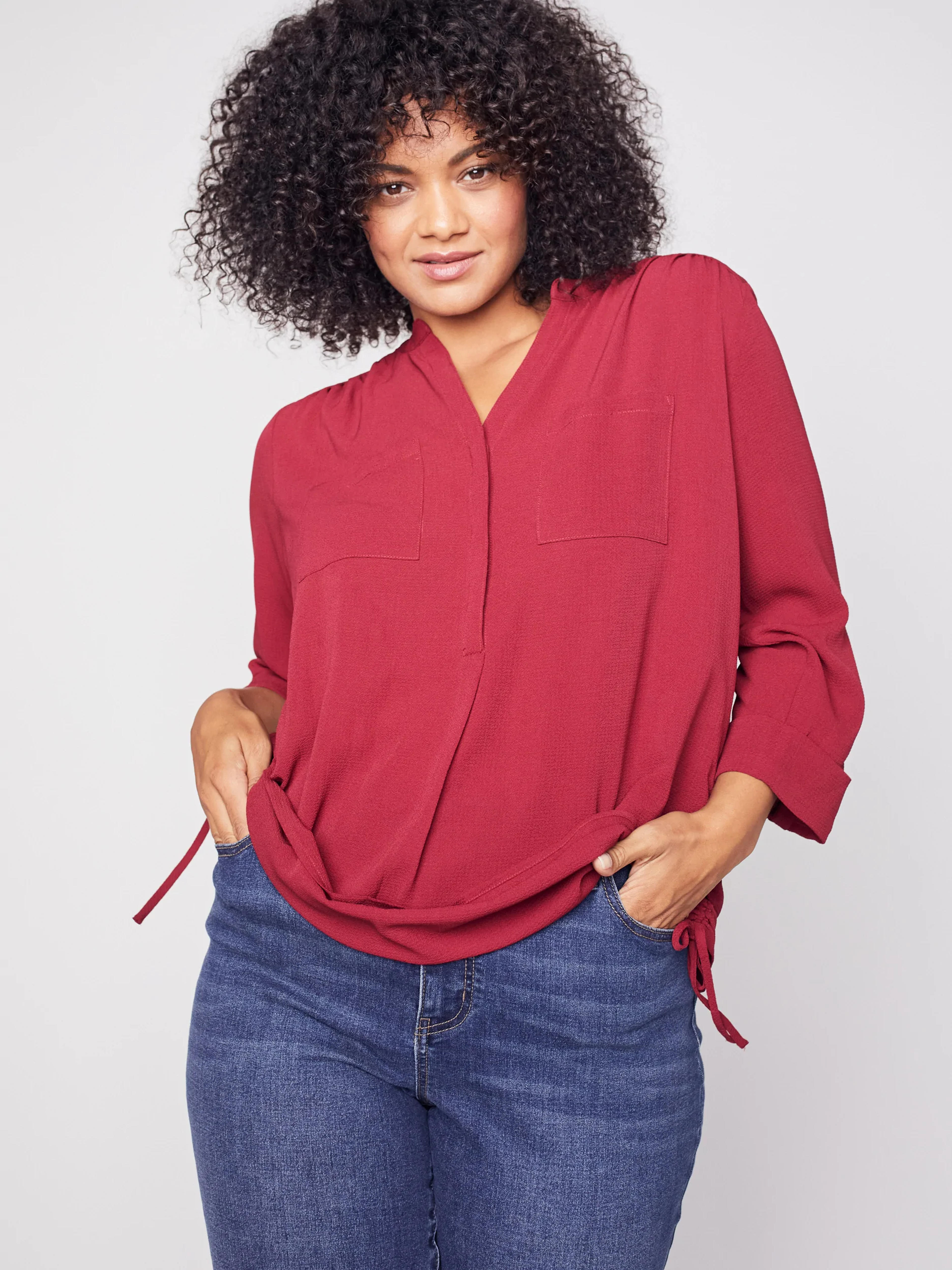 Women's Best Sellers Roz & Ali Three Quarter Sleeve Side Tie Popover Blouse - Plus