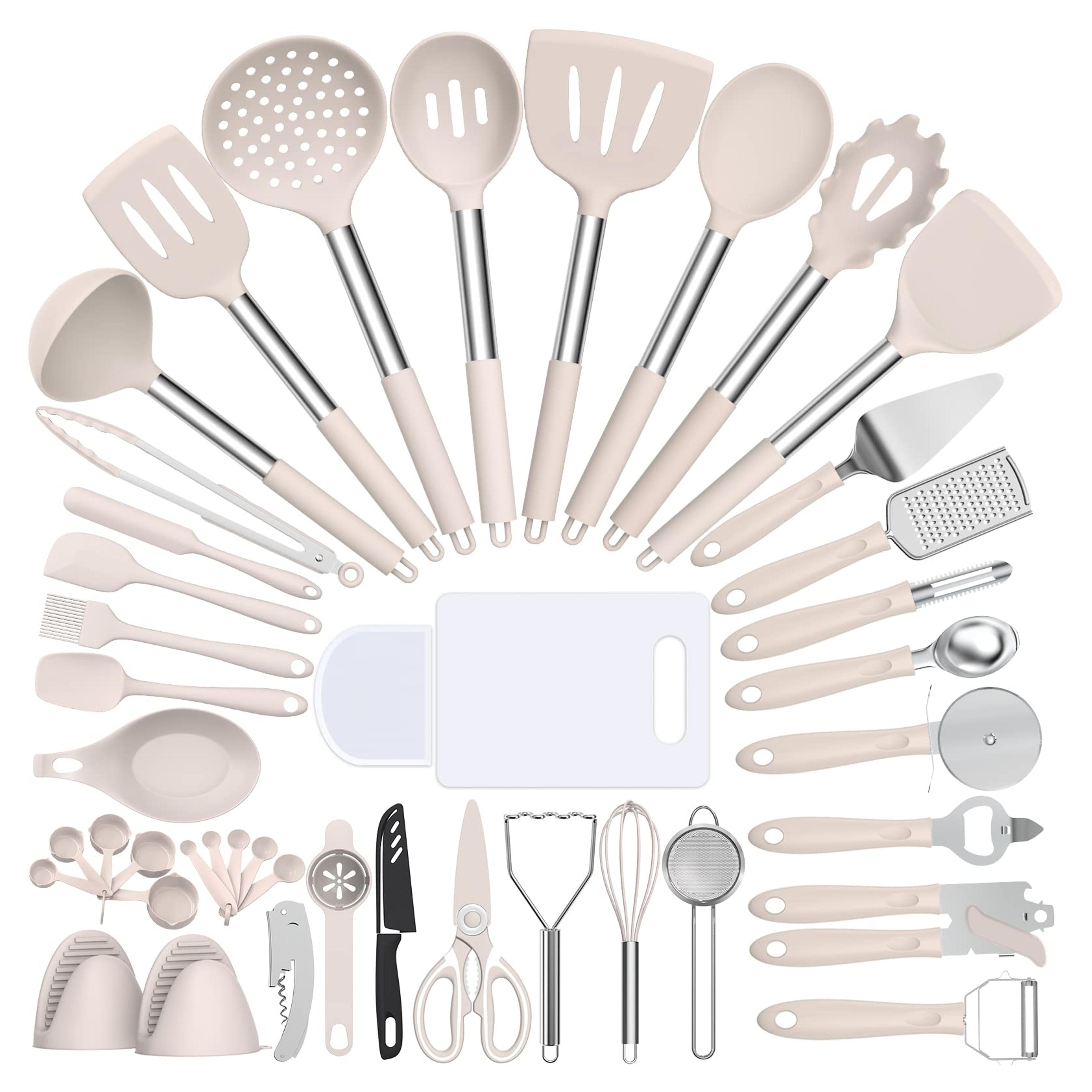 Silicone Cooking Utensil Set, Umite Chef 43 PCS Heat Resistant Kitchen Utensil Gadgets Set-Stainless Steel Handle- Kitchen Spatula Tools for Nonstick Cookware, Pots and Pans Accessories (Khaki)