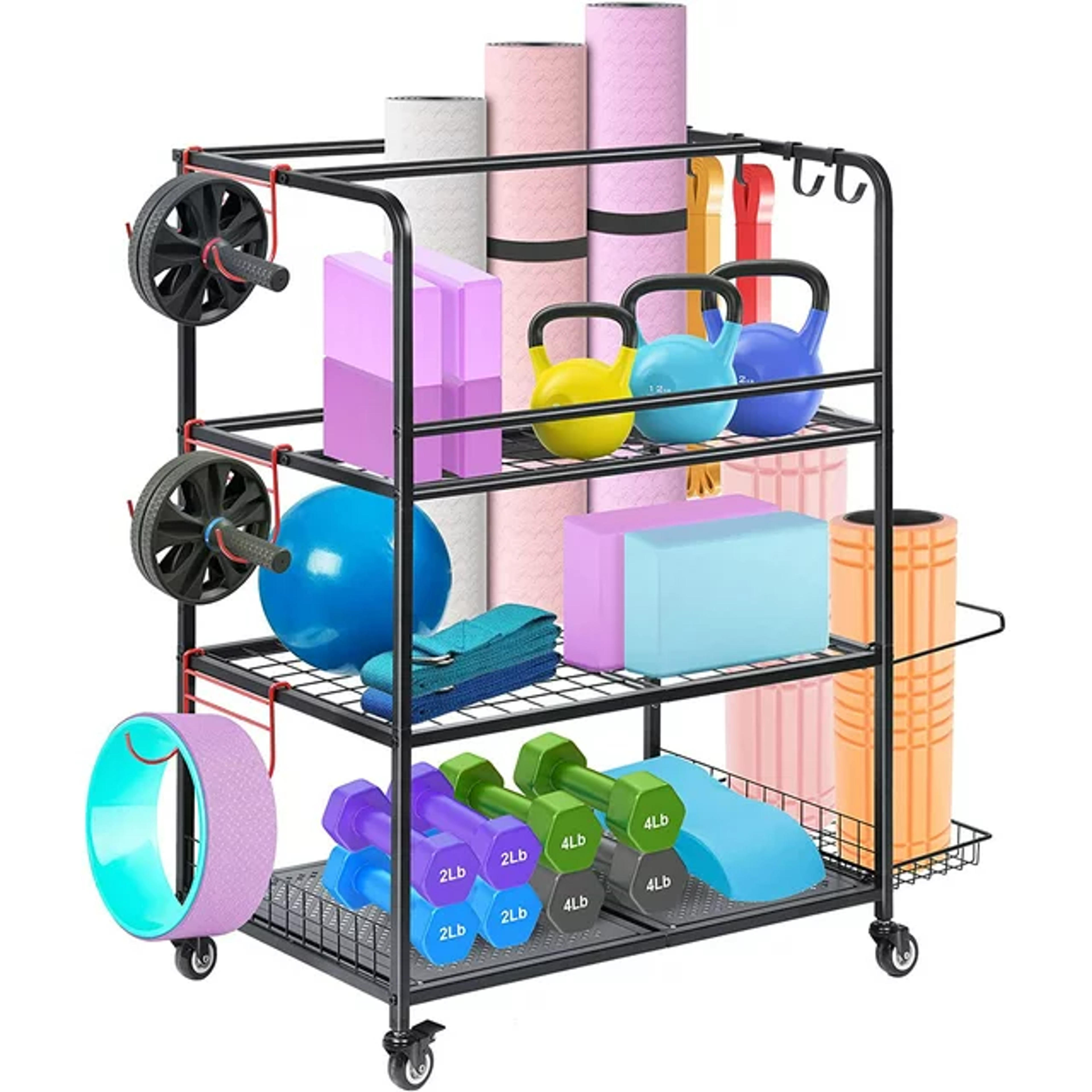 Oumilen Home Gym Storage Rack, All in One Workout Equipment Rolling Storage ...