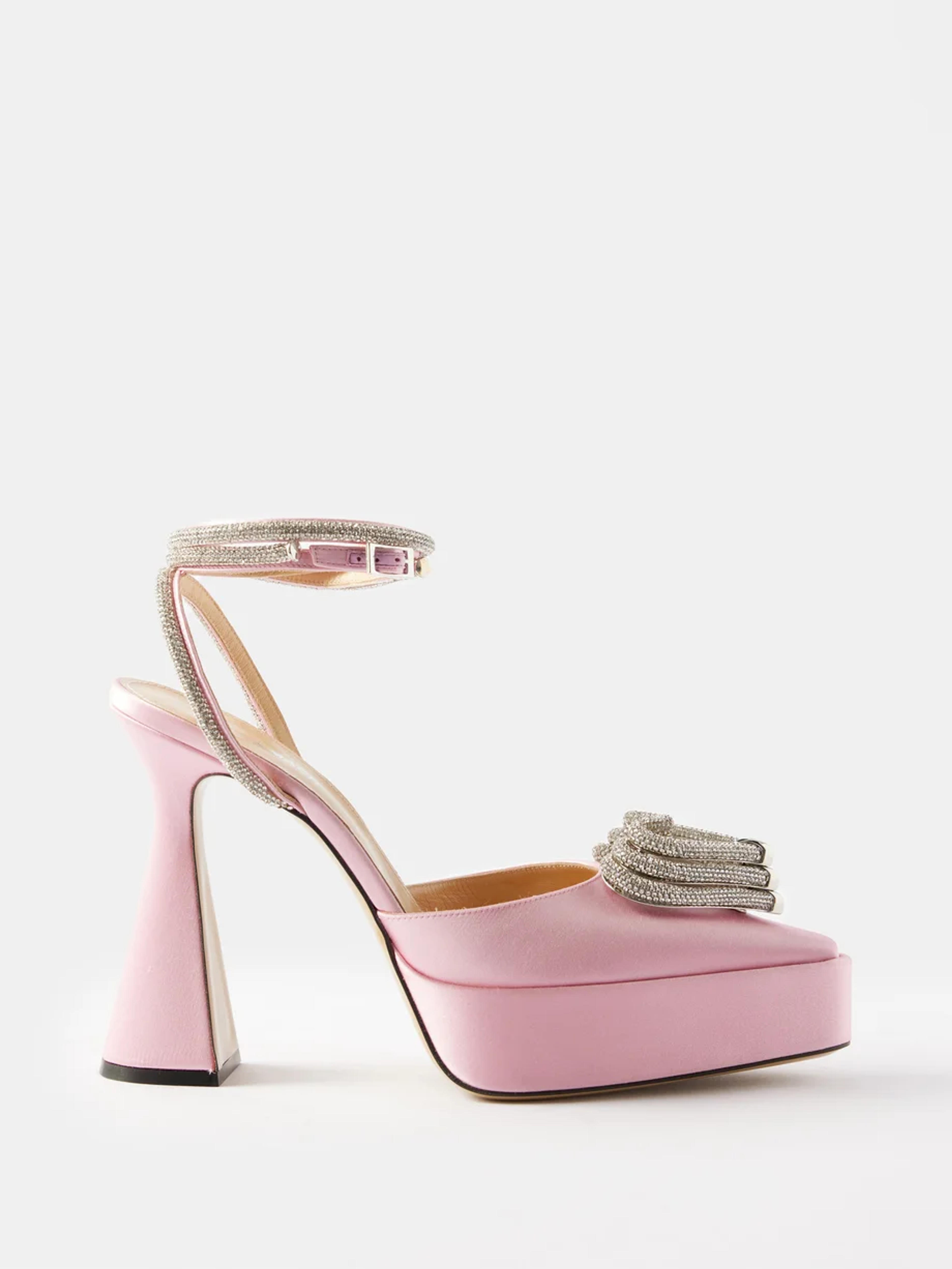 Pink Triple Heart 95 crystal & satin platform pumps | Mach & Mach 