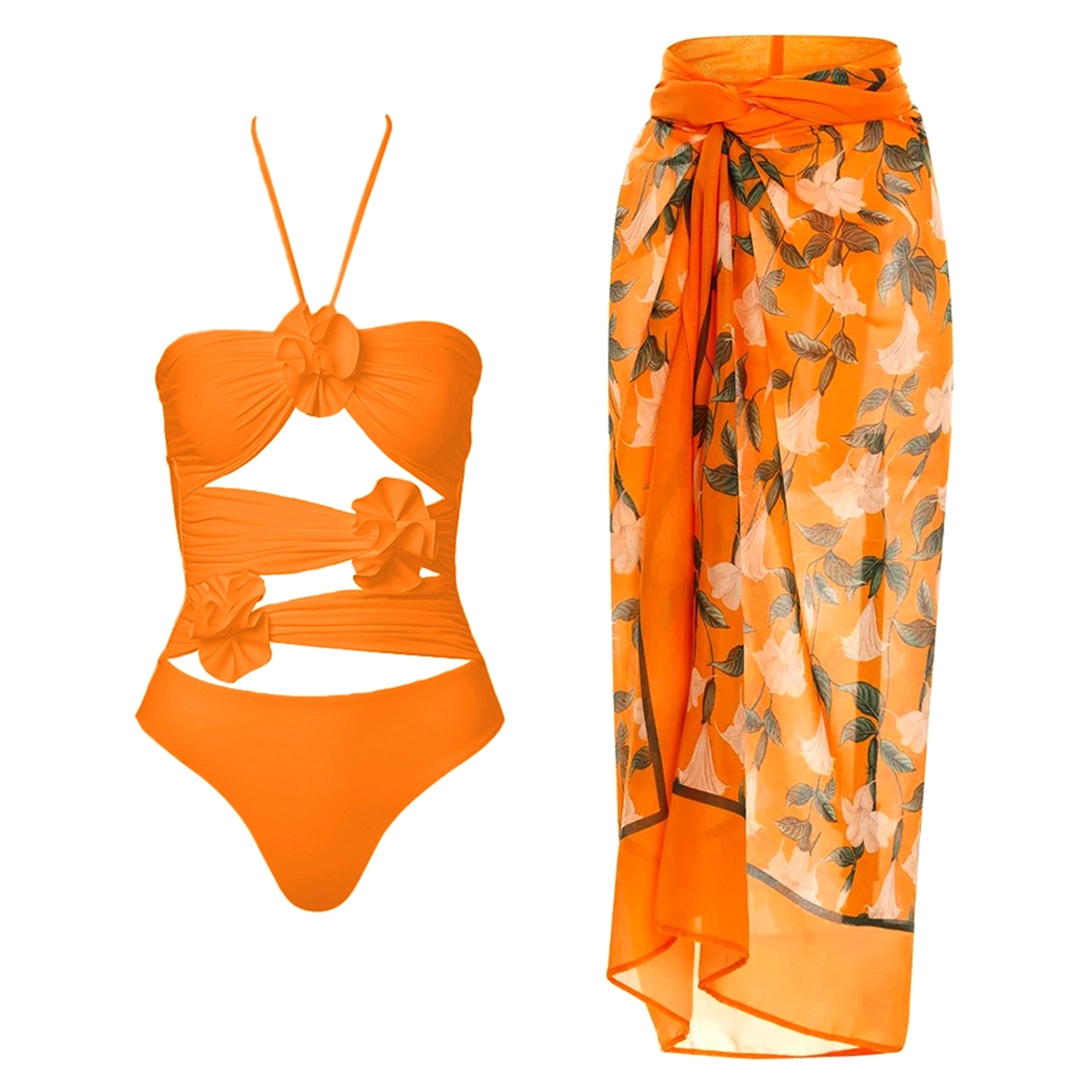 Halter Cutout 3D Flower One Piece Swimsuit and Sarong Flaxmaker