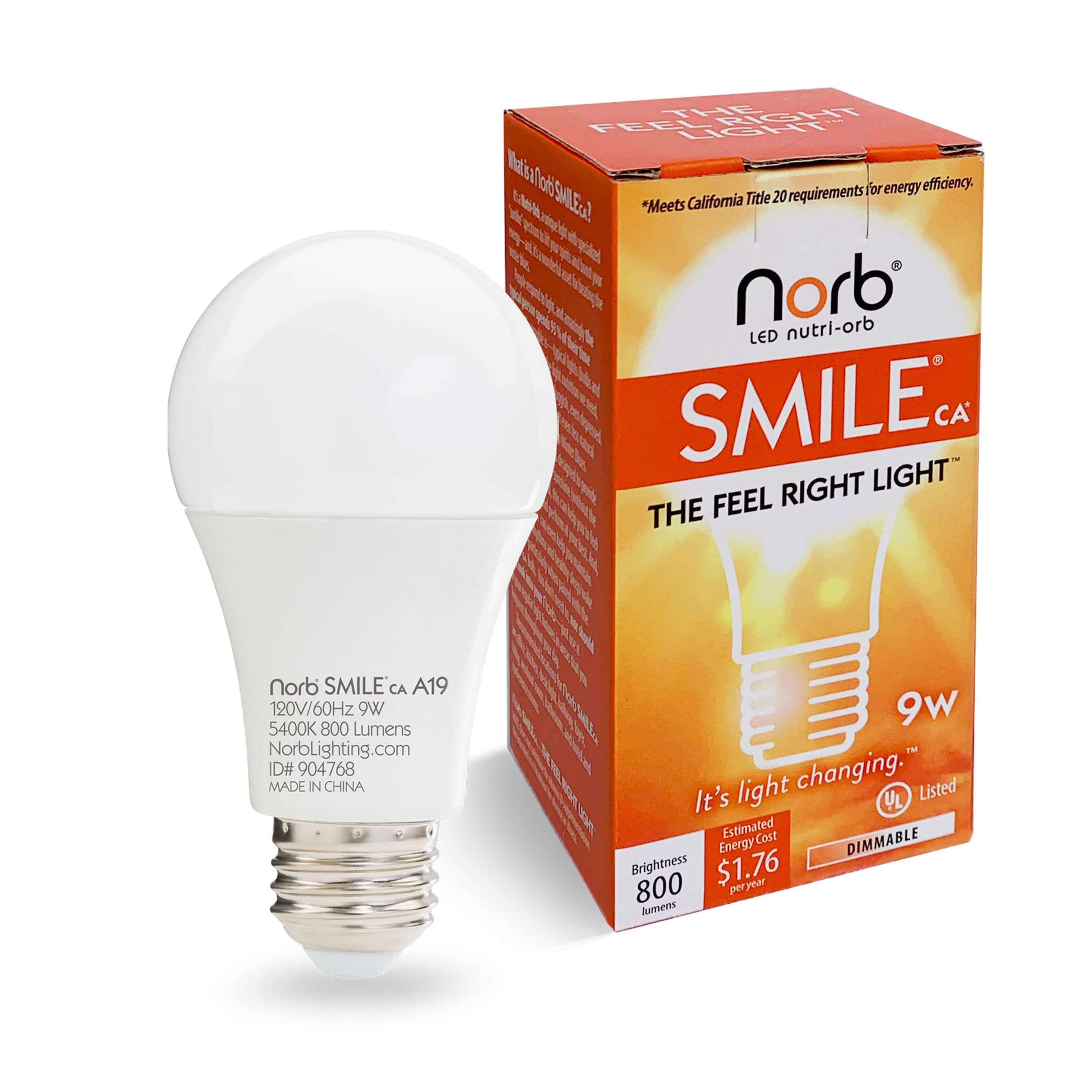 NorbSMILE Full Spectrum Sun Light Bulb - A19 9W, Boosts Energy, Mood & Performance, Supports Circadian Rhythm, Near-Perfect Color Rendering, Imitate Sunlight Indoors, BBB & US Supplier (1-Pack)