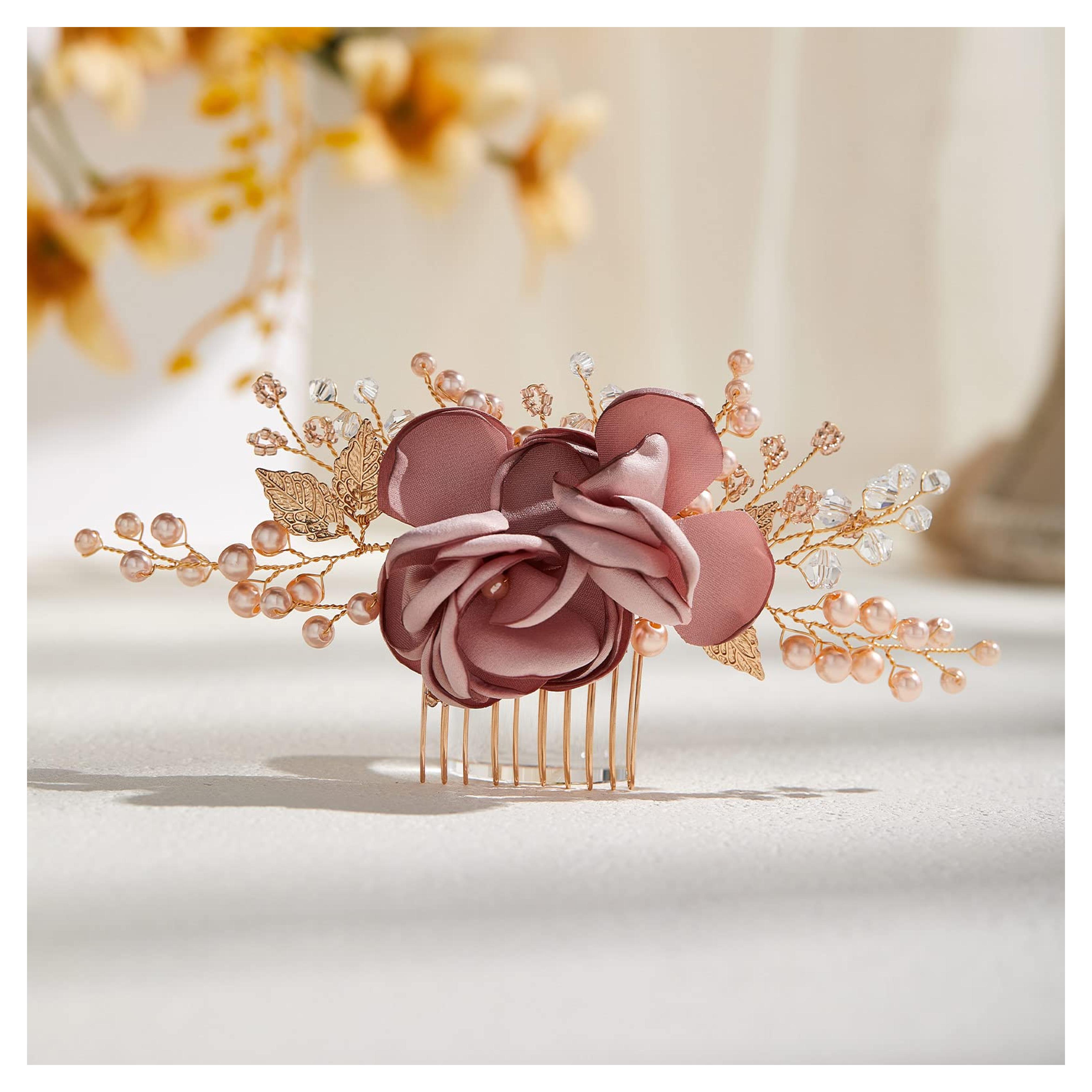 Amazon.com : AW BRIDAL Pink Rose Flower Hair Clip For Brides Gold Hair Comb For Wedding Hair Accessories For Bridesmaid Wedding Hair Pieces (Gold) : Beauty & Personal Care