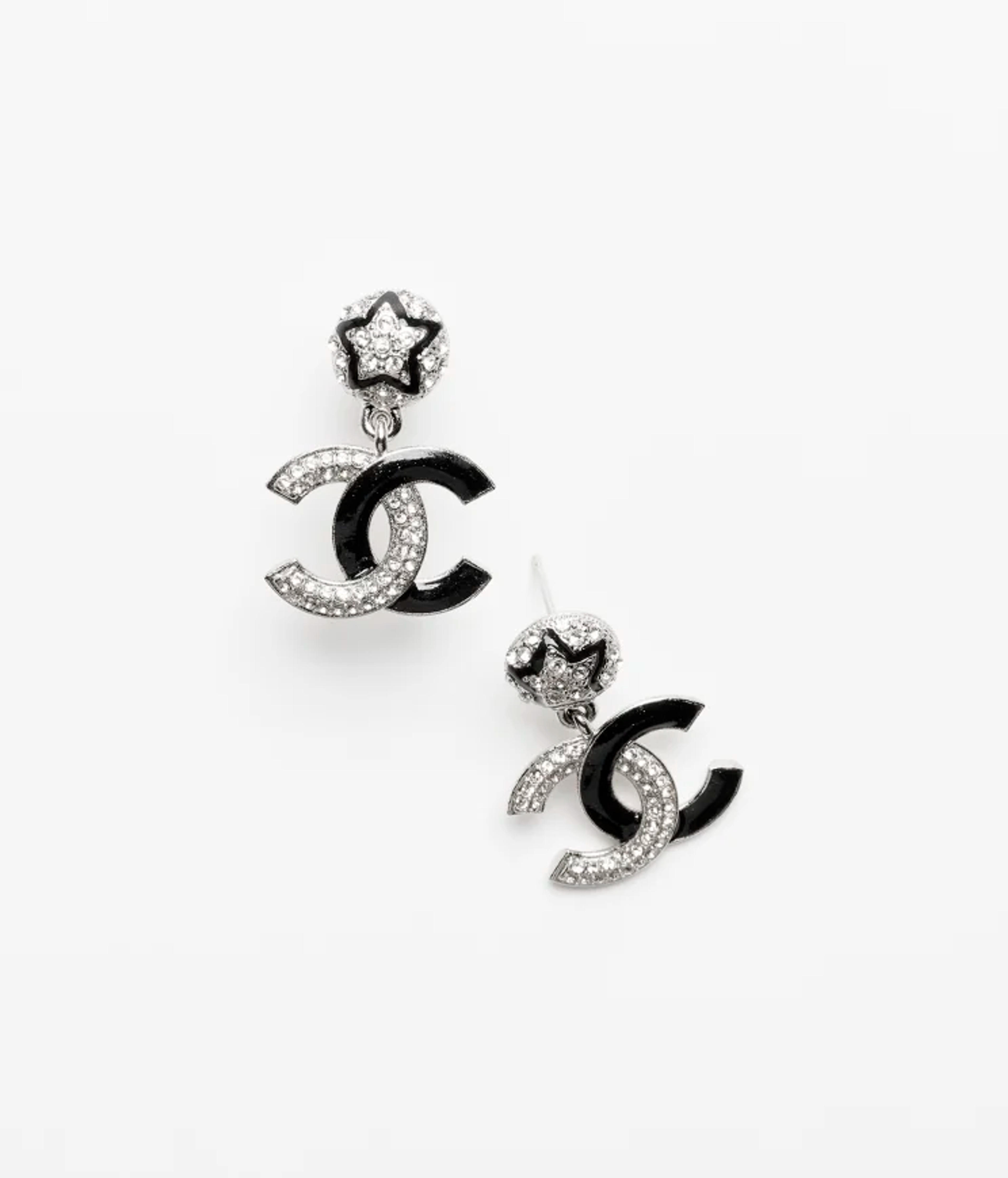 Pendant earrings - Metal & strass, silver, black & crystal — Fashion | CHANEL