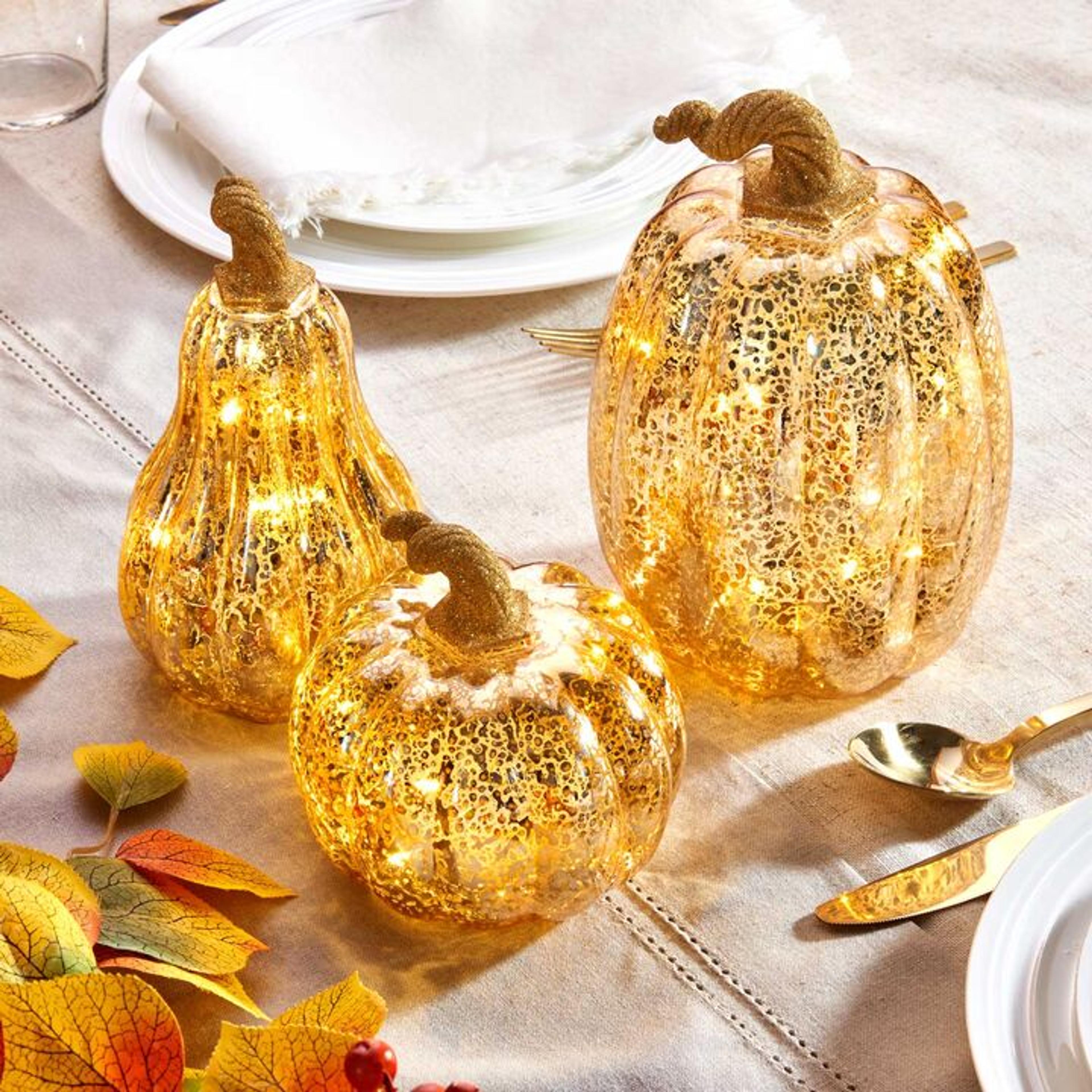 Lights.com | Decor | Lit Decor | Lit Objects | Gold LED Pumpkins with Mercury Glass Finish, Set of 3