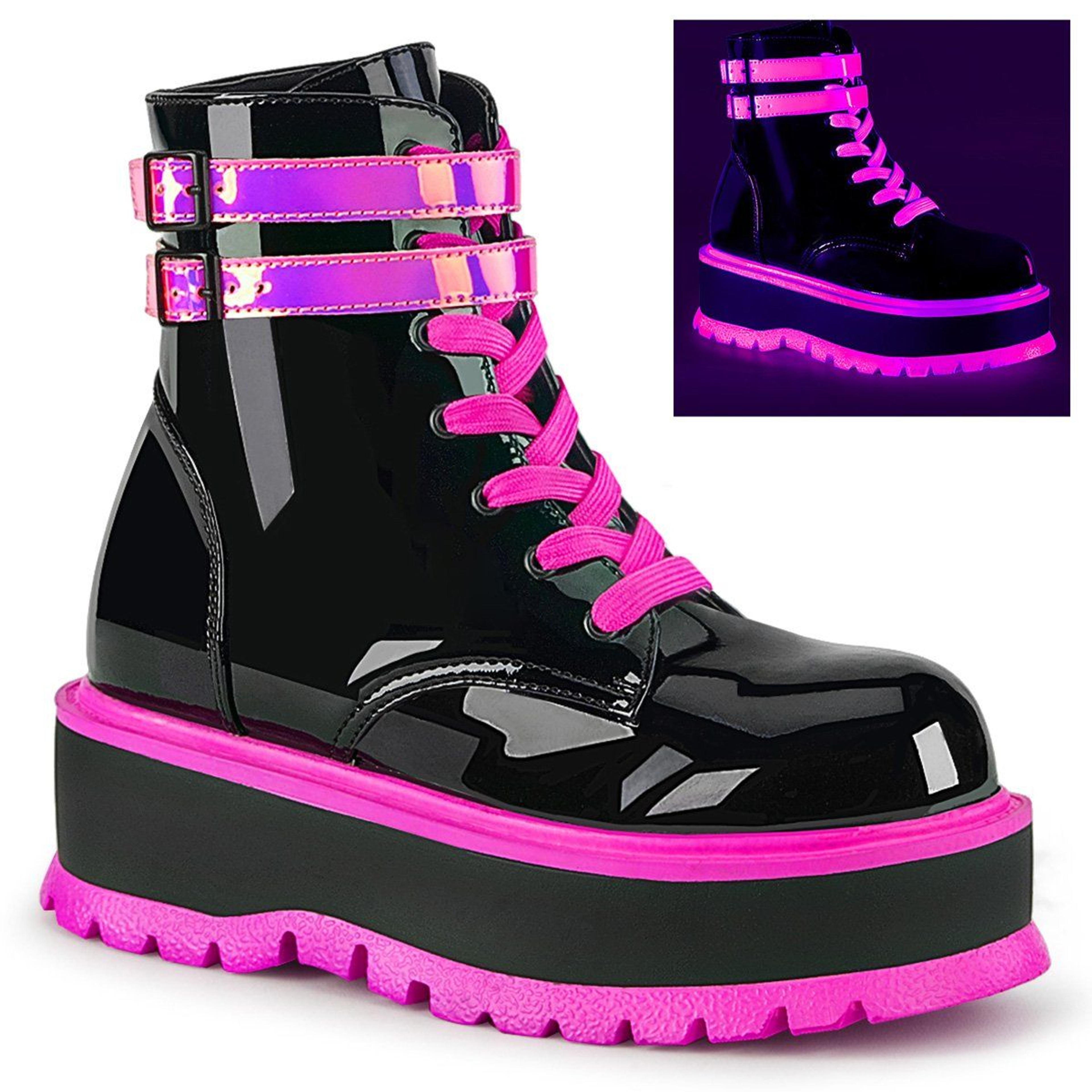 Slacker 52 Black Patent Pink UV Neon Platform Cyber Ankle Boots - 8 / Pink Trim