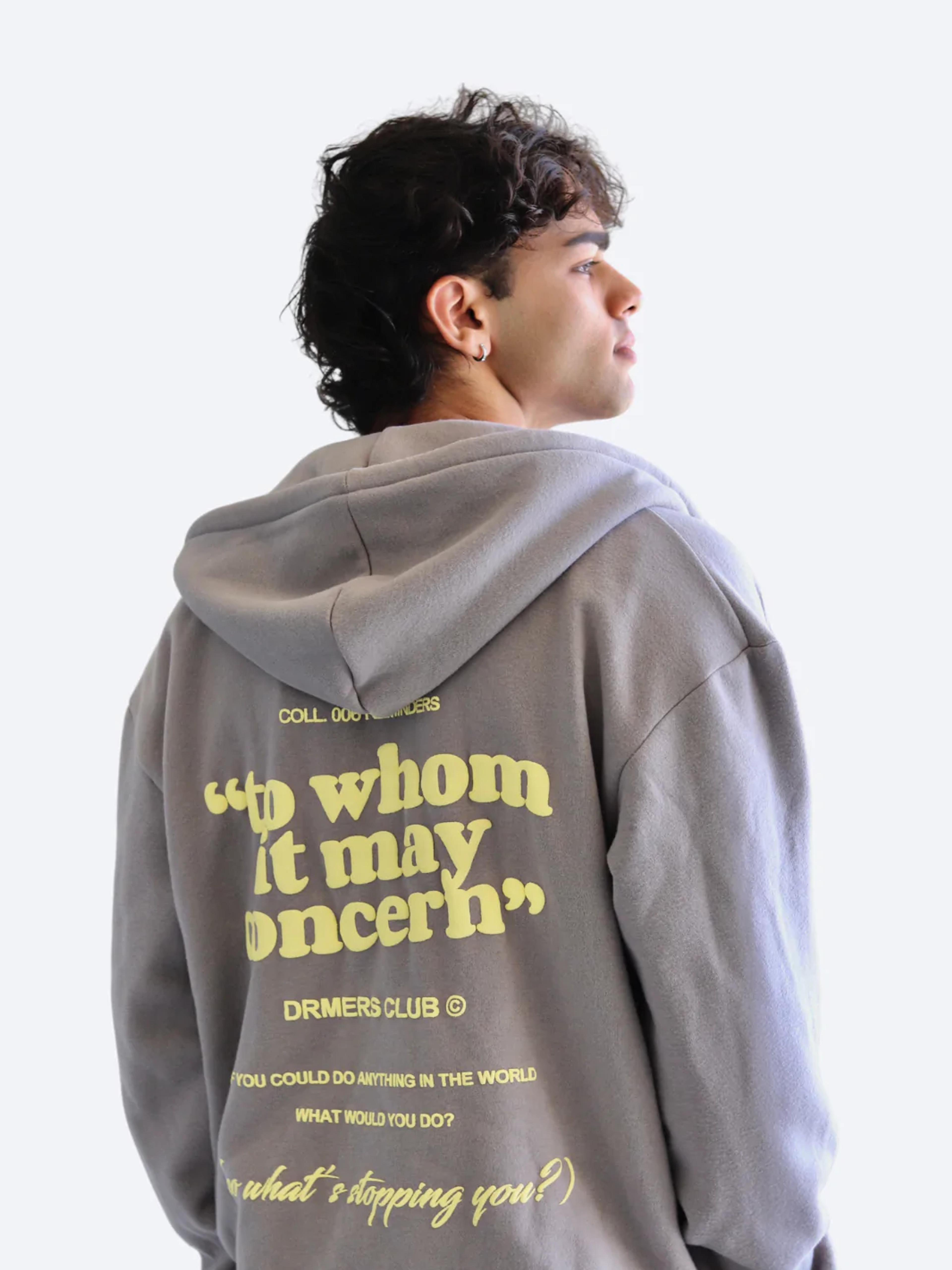 (PREORDER) "TO WHOM IT MAY CONCERN" hoodie - stone grey – DRMERS CLUB