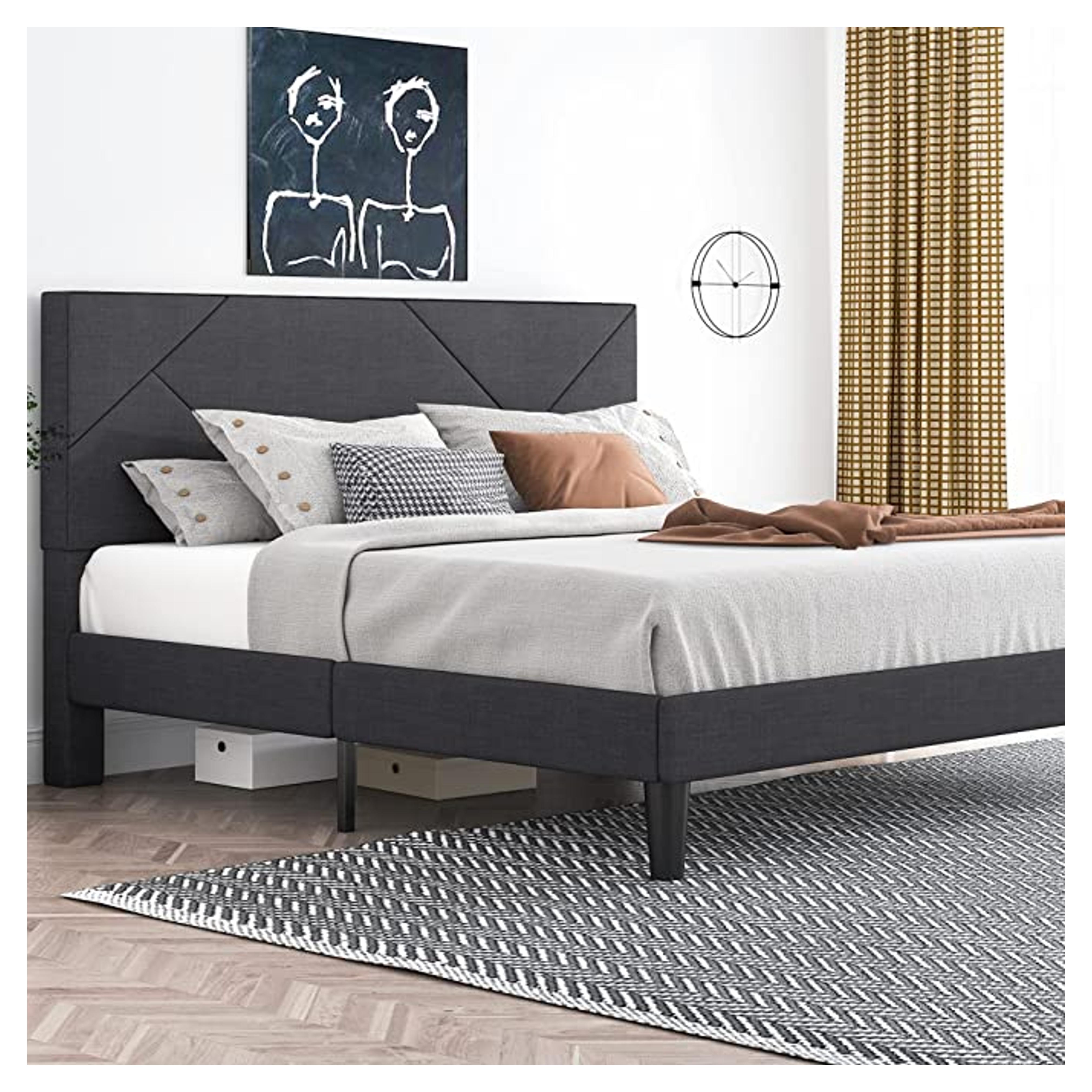 Amazon.com: IMUsee King Size Platform Bed Frame with Geometric Headboard, Linen Upholstered Bed with Under-Bed Storage Space, Mattress Foundation with Wooden Slats, Easy Assembly, Box Spring Optional, Dark Grey : Home & Kitchen