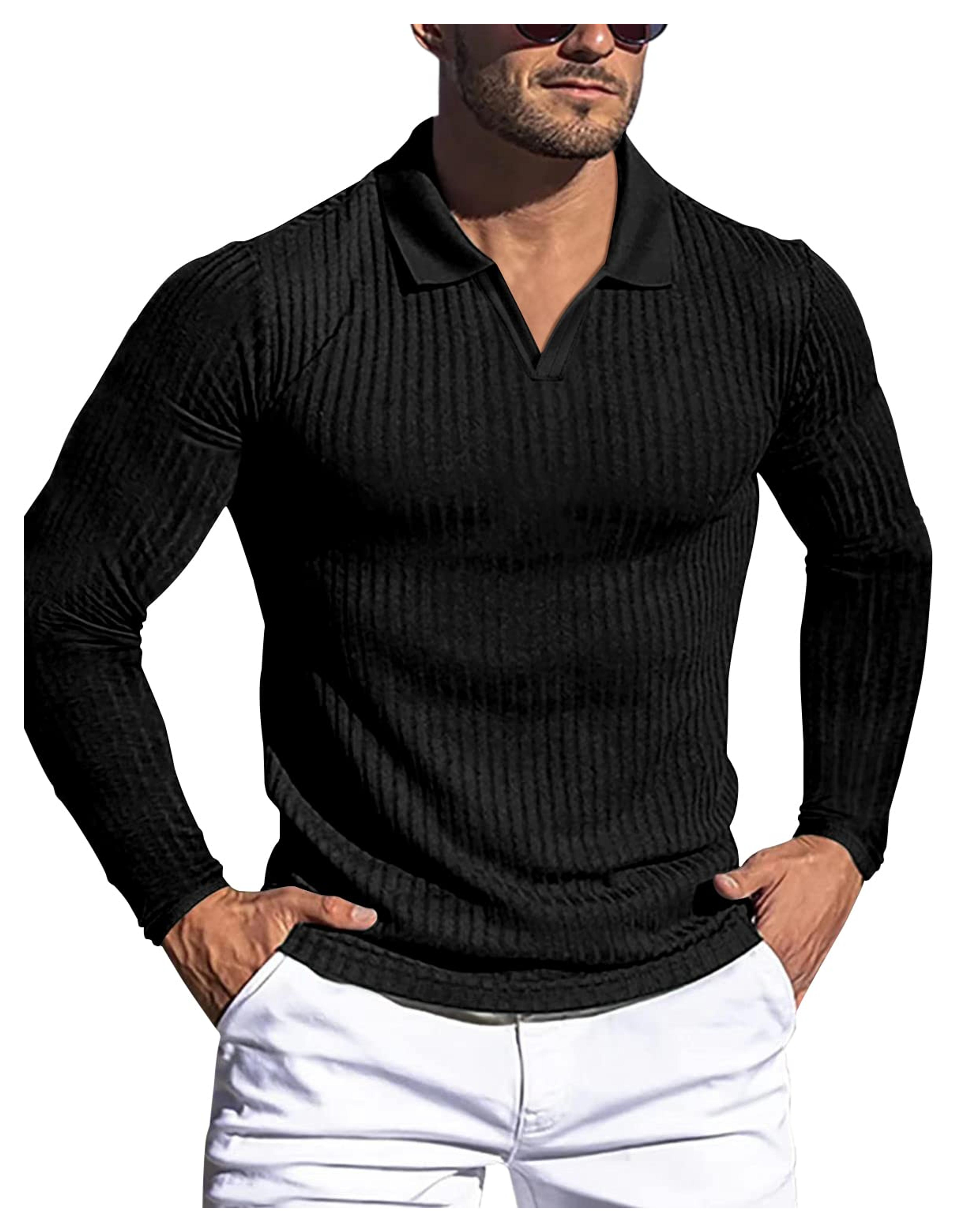 Gnvviwl Men's Muscle V Neck Polo Shirts Slim Fit Long Sleeve Cotton Golf T-Shirts Ribbed Knit Soft Tees Z-Black at Amazon Men’s Clothing store