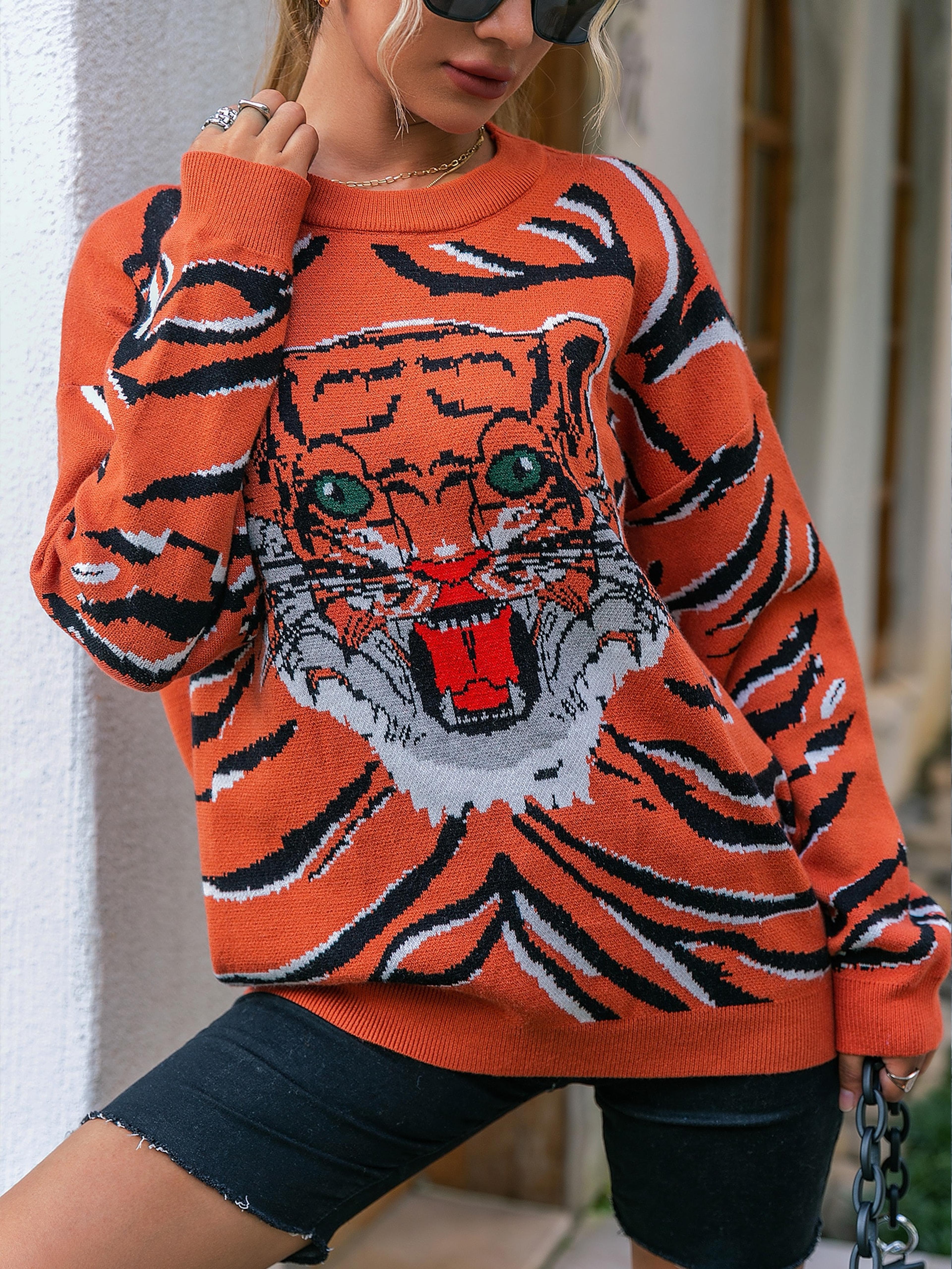 Simplee Tiger Pattern Drop Shoulder Sweater