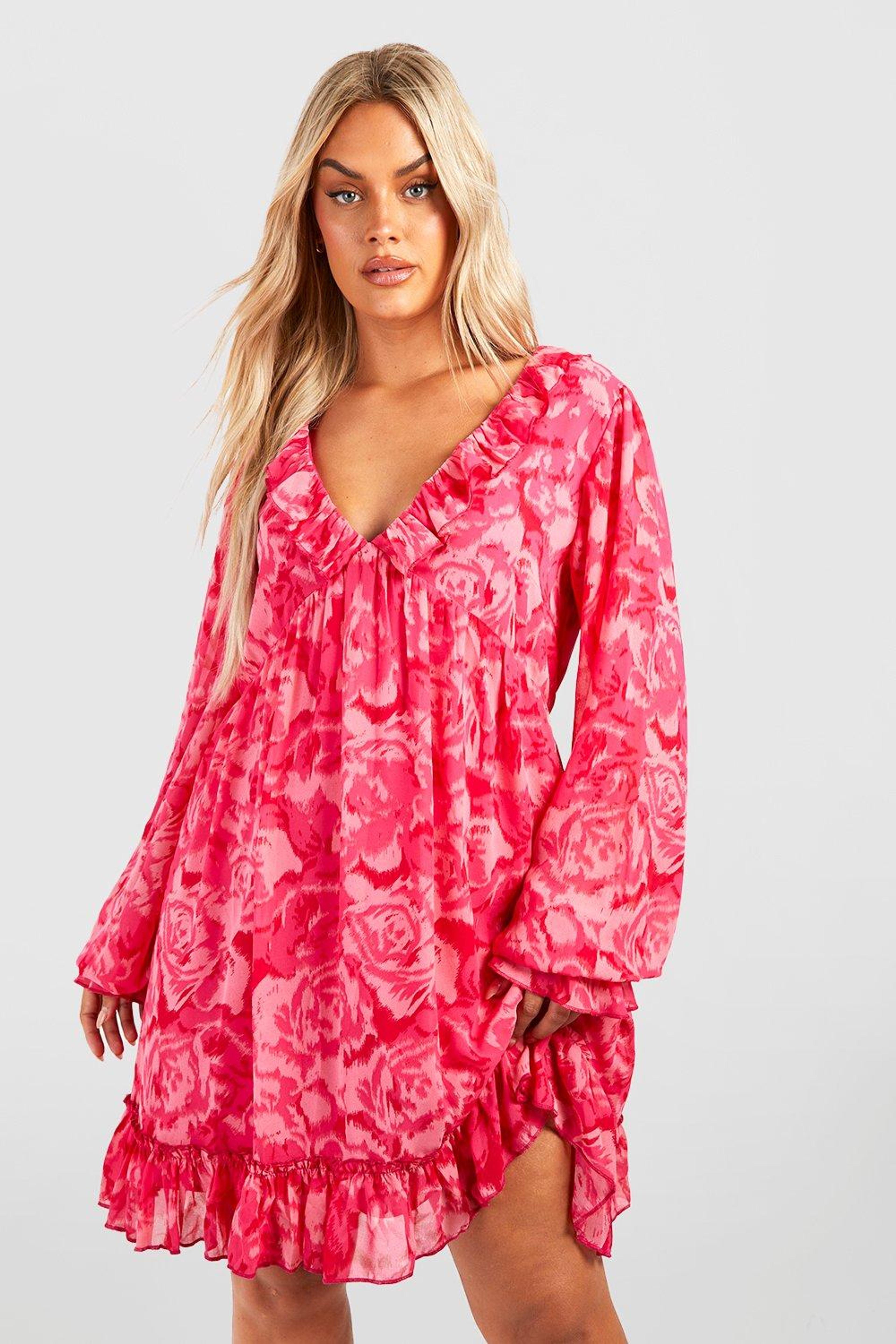 Plus Printed Chiffon Wrap Smock Dress