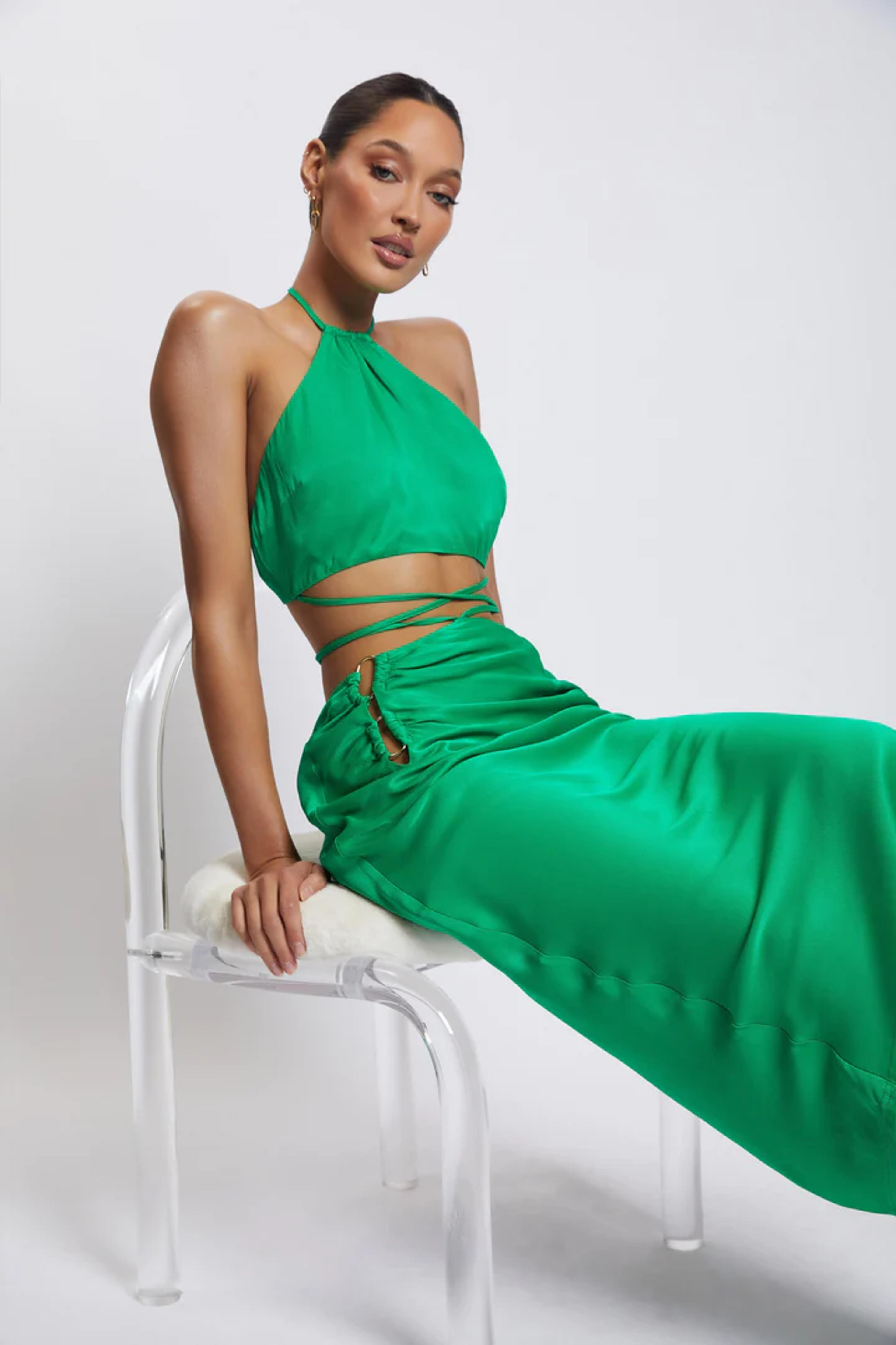 Leanne Halter Tie Front Midi Dress - Green - MESHKI U.S