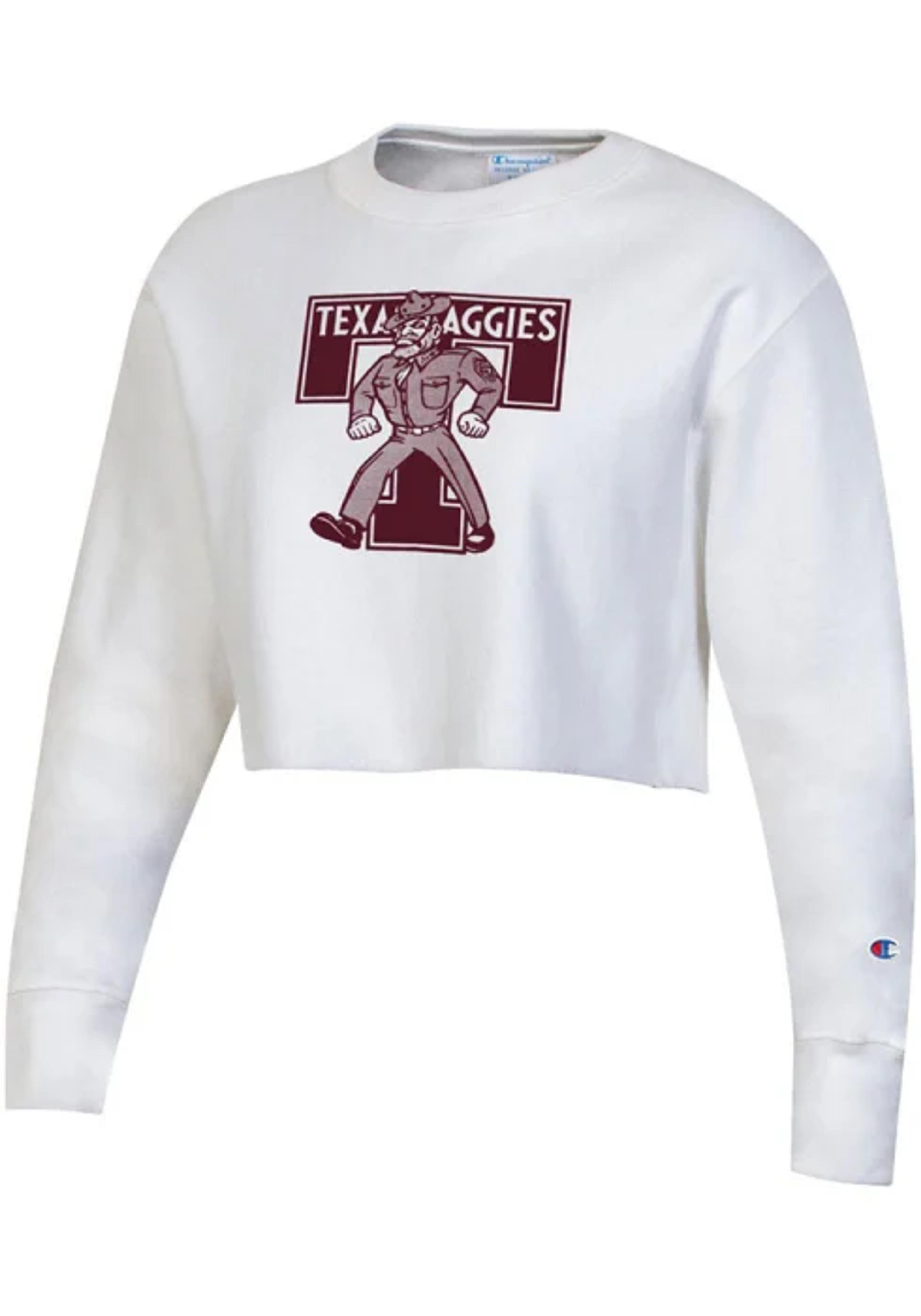 Texas A&M Aggies Champion Crew Sweatshirt Womens White Reverse Weave Cropped Boyfriend Long Sleeve