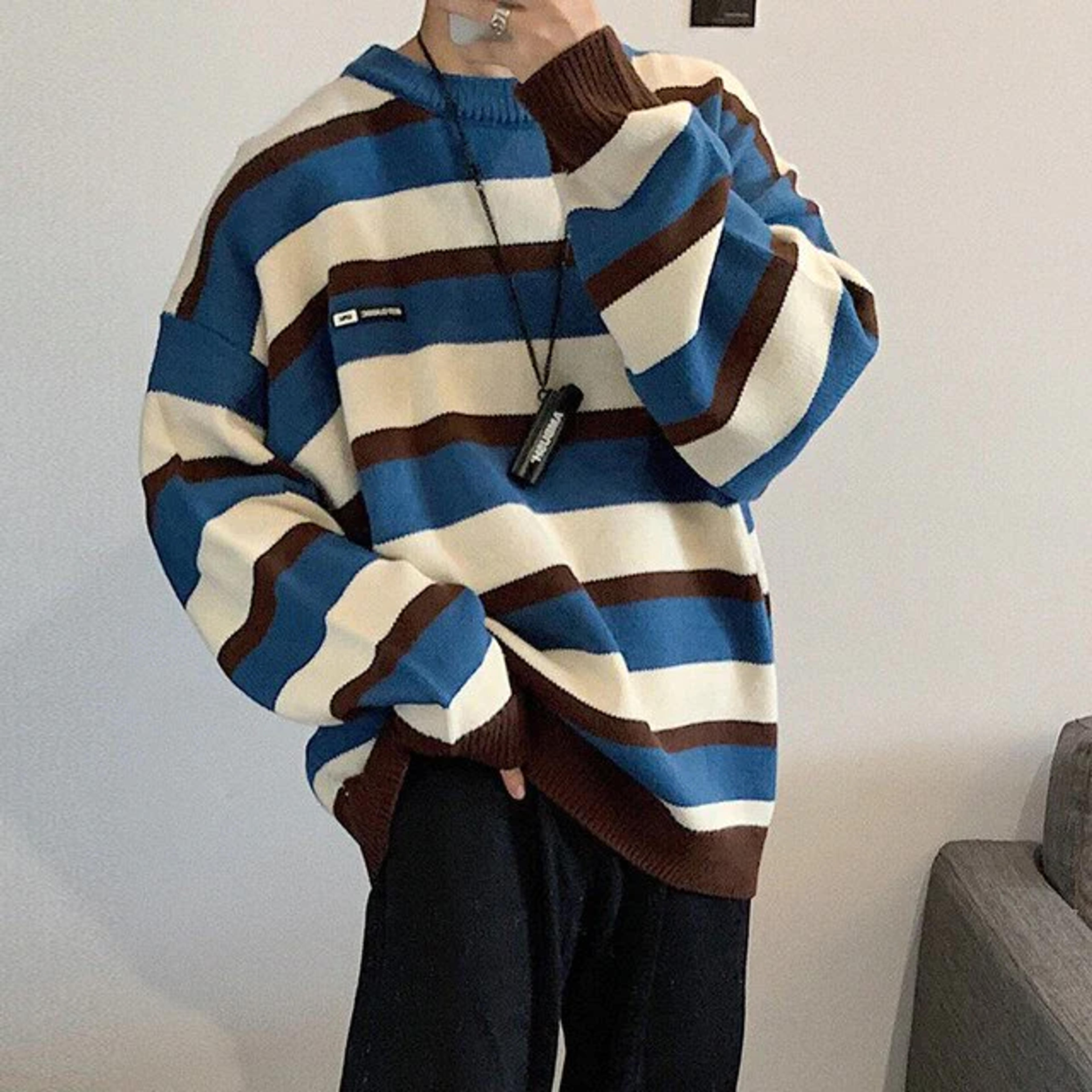 Pullover Striped Sweater Oversized Mens Knitted Men Sweaters Hip Hop H – Wiaofellas