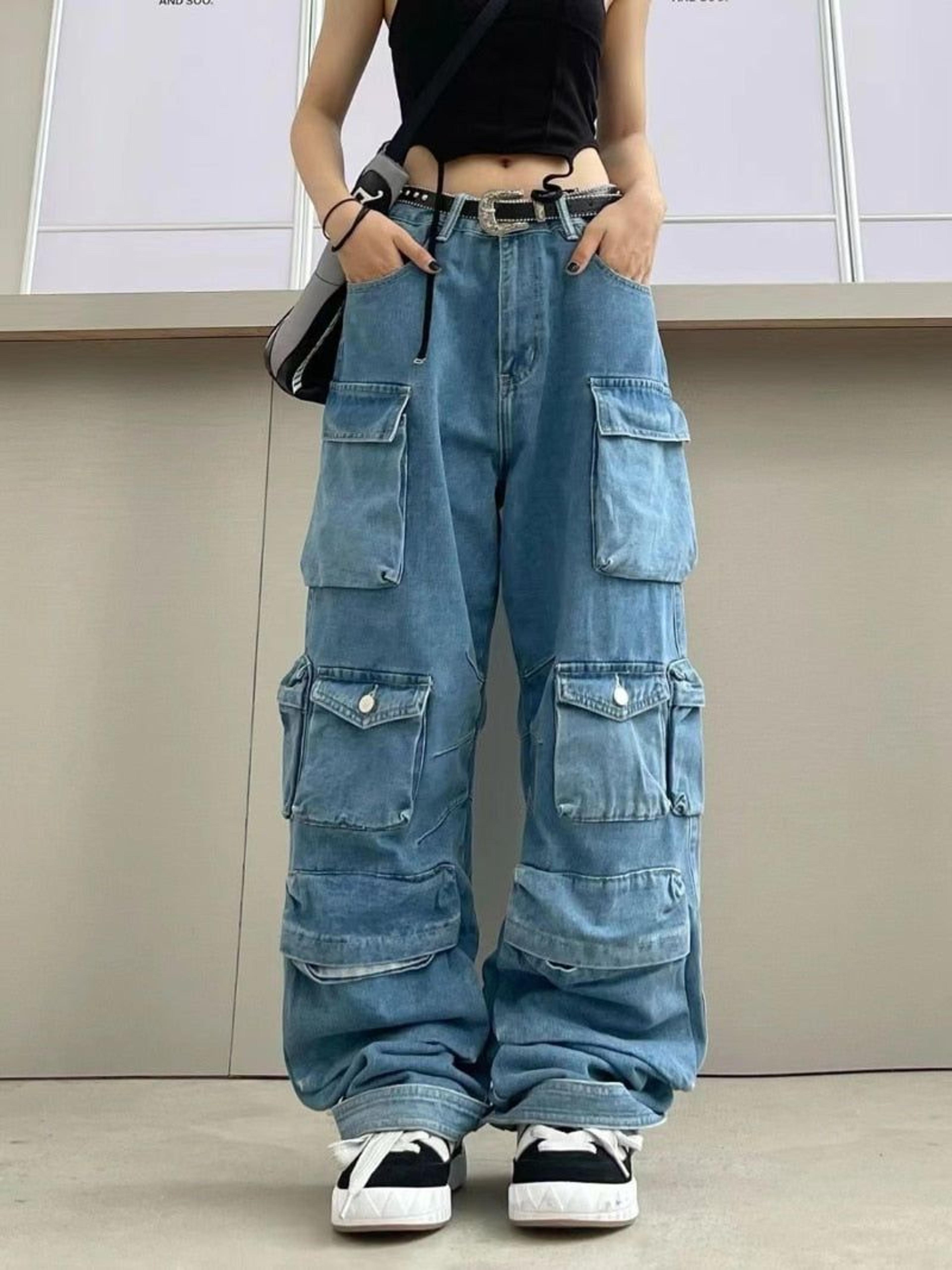 Stylish Multi-Pocket Cargo Pants Retro Street Fashion High Waist Wide Legs Casual Jeans - Blue / XL