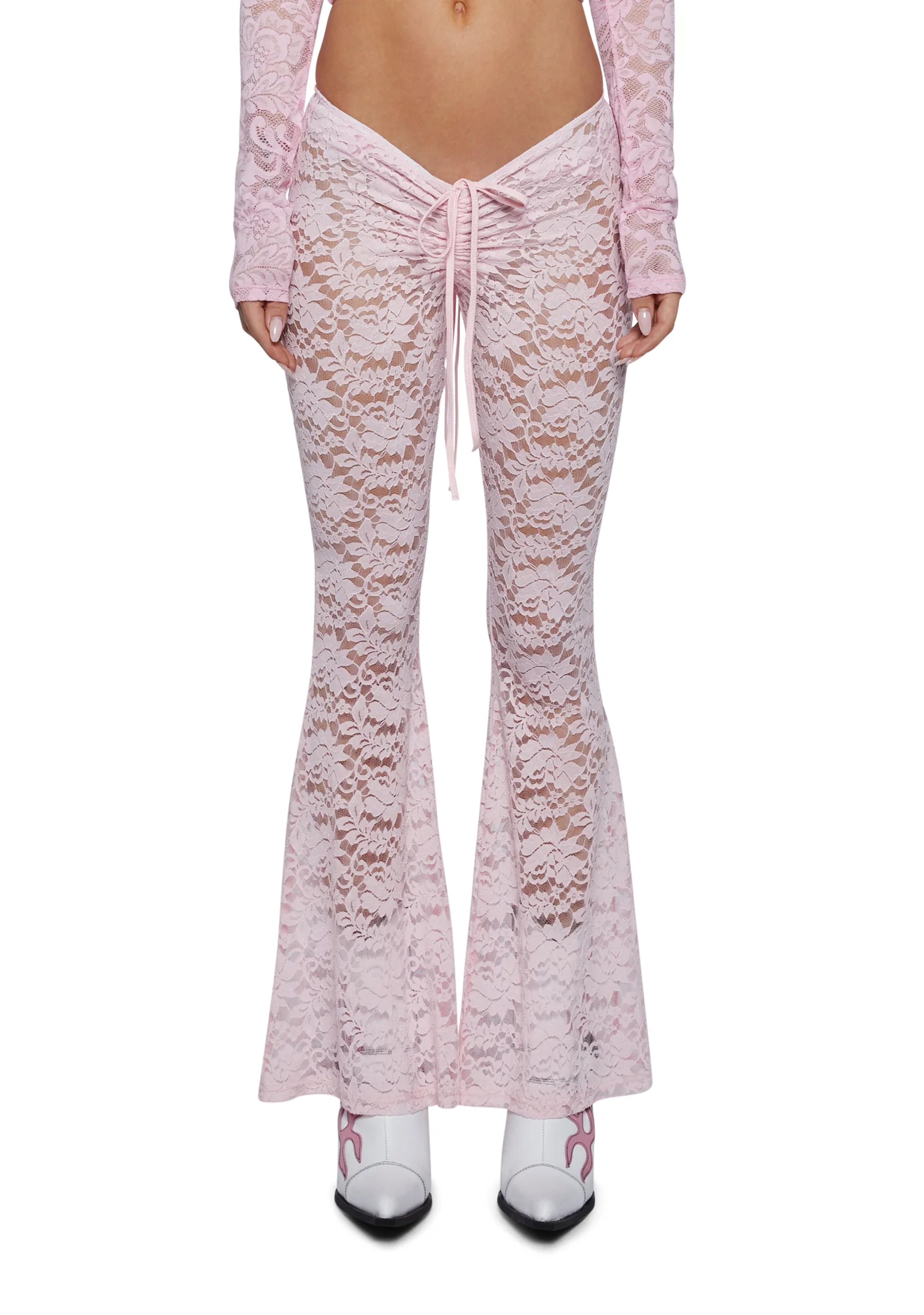 Sugar Thrillz Lace Flared V-Cut Leggings Pants - Pink – Dolls Kill