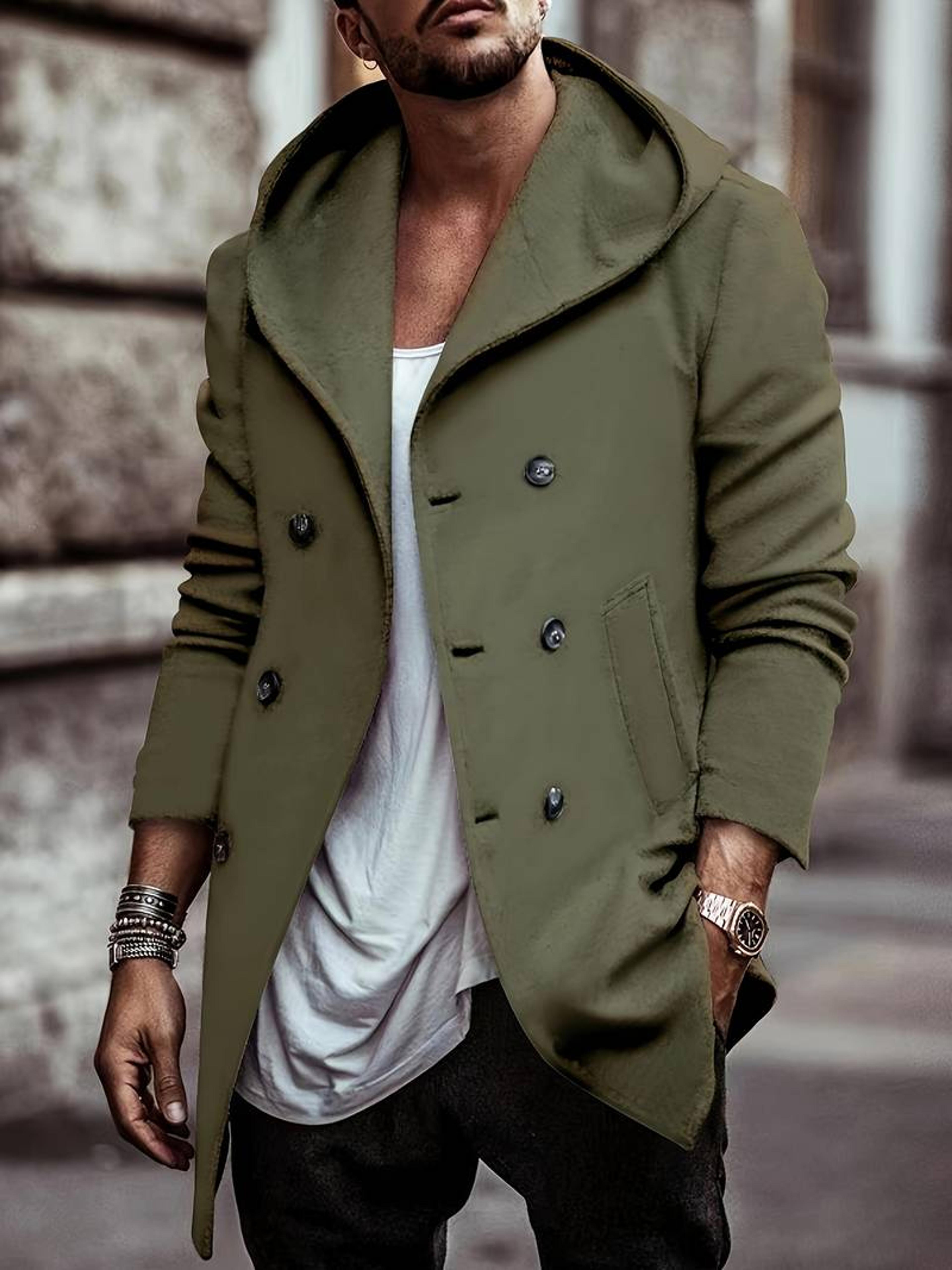 Cotton Blend Men's Trendy Retro Hooded Long Sleeve Coat Windbreaker Stylish Long Overcoat For Autumn Winter,temu