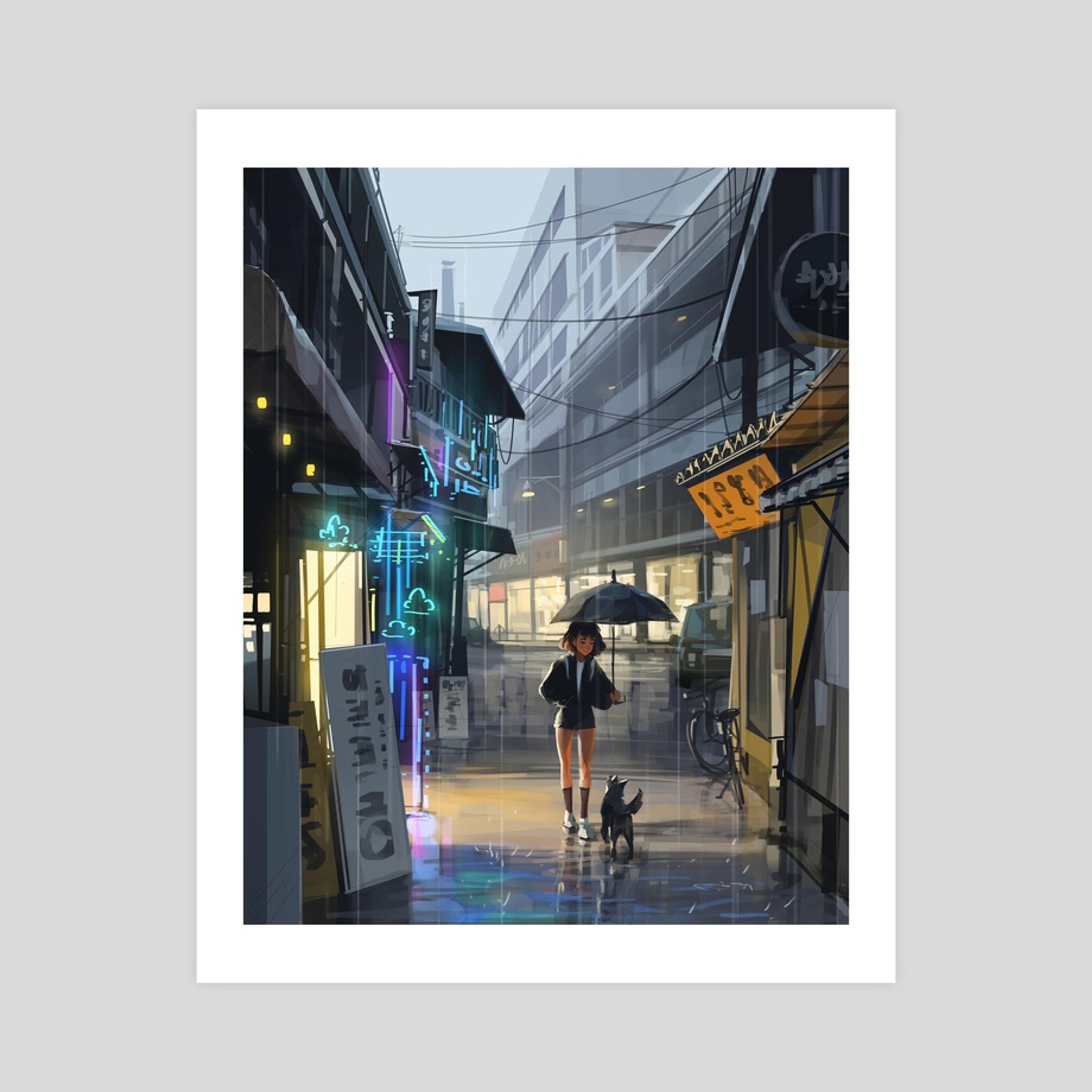 City streets during rain , an art print by Sam Yang