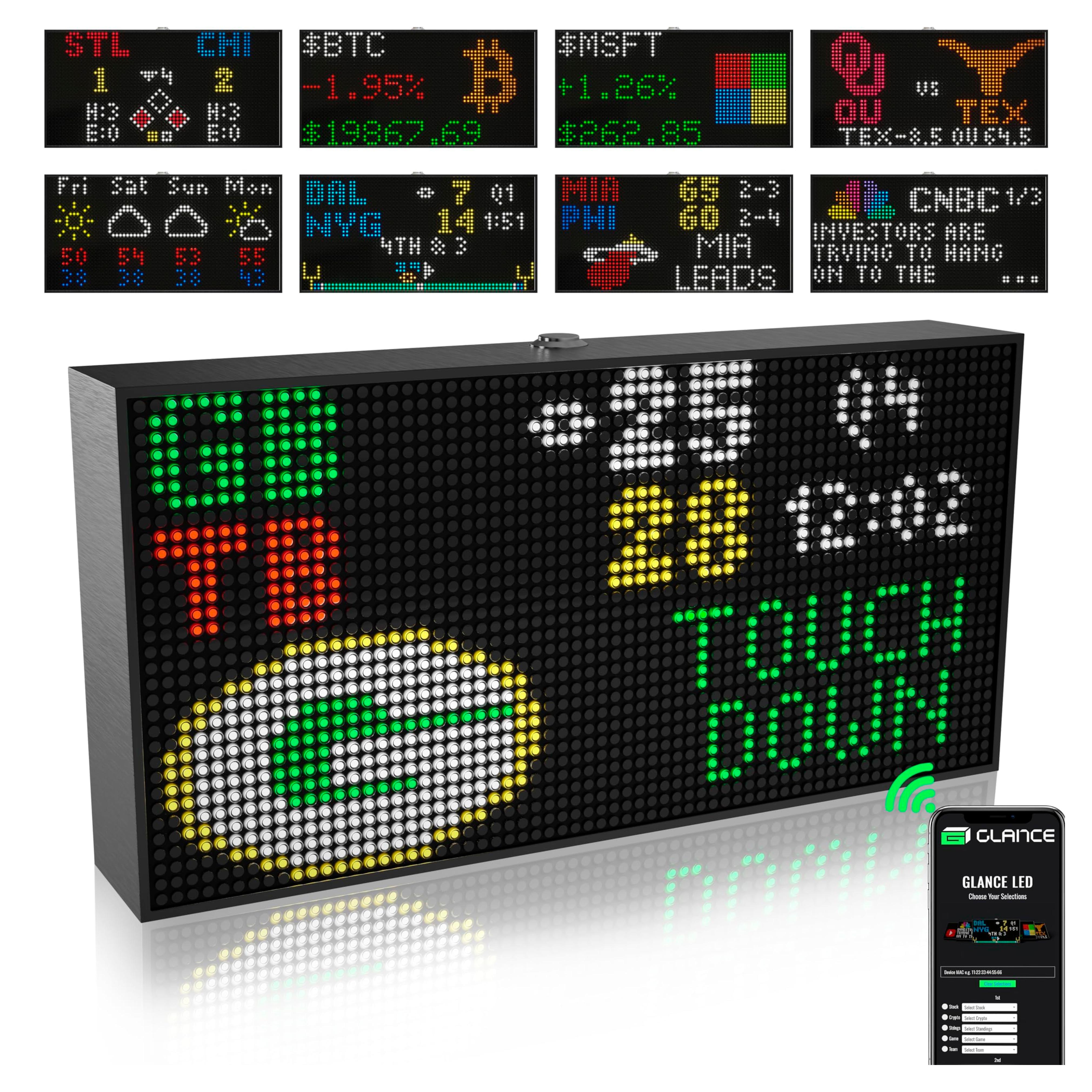 Amazon.com: PANELFI Glance LED – Customizable LED Ticker, Sport & Stock Ticker, Retro Display, Smart Clock, Weather, News, Trivia, Custom Messaging. WiFi Enabled. : Sports & Outdoors