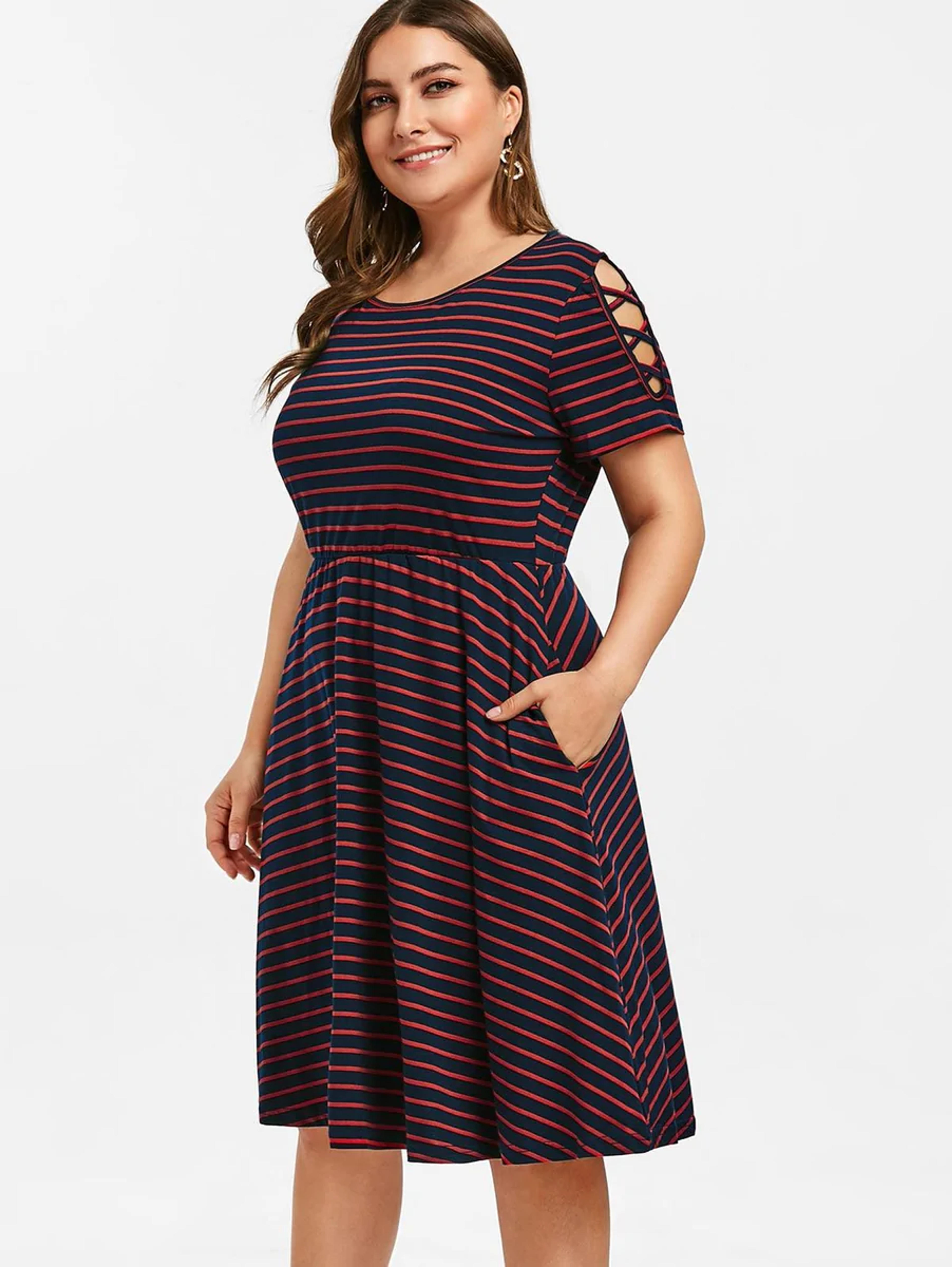 TeresaCollections - Striped A Line Criss Cross Sleeve Elastic Waist Work Dress