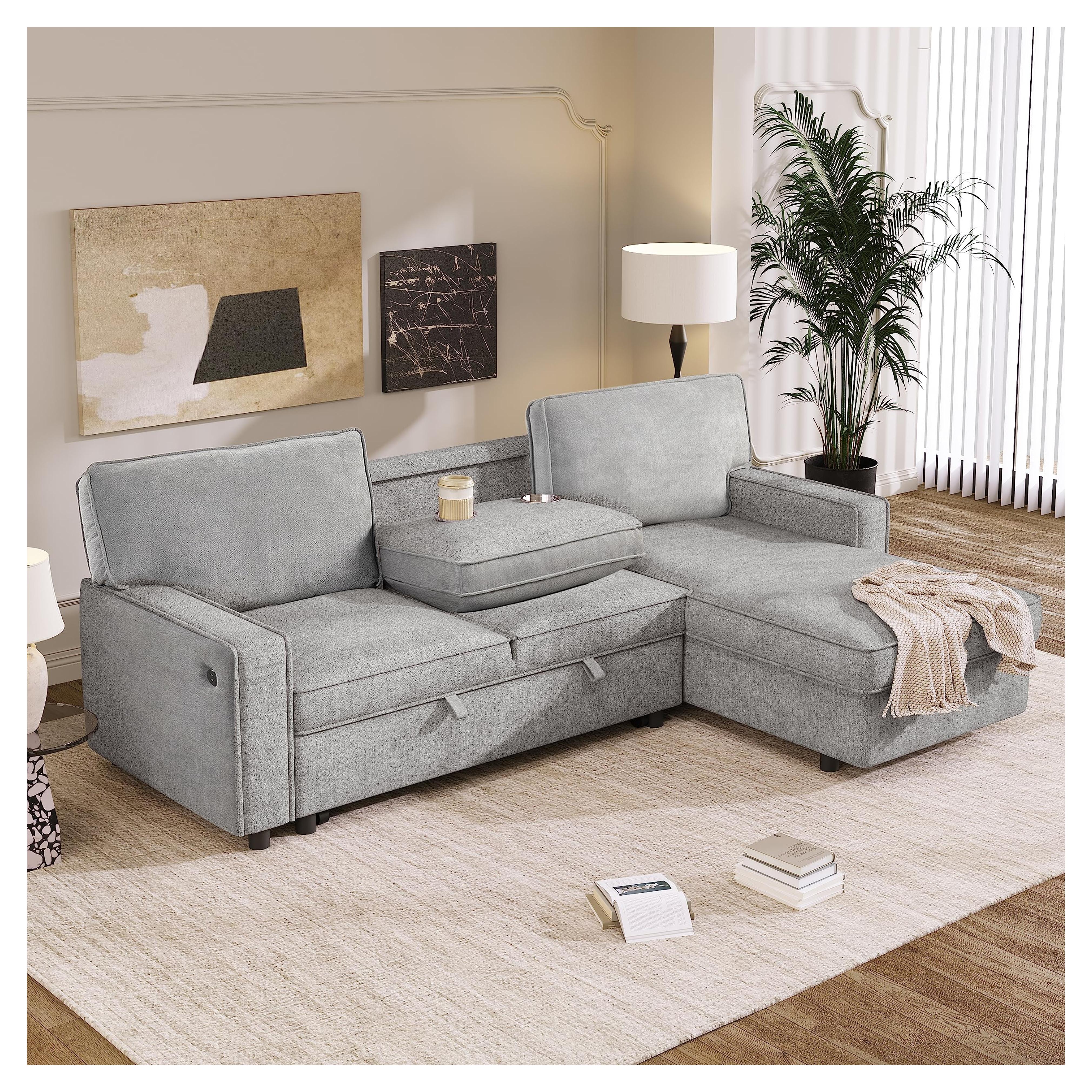 Amazon.com: 89" Upholstery Sleeper Sectional Sofa with Storage Space, USB Port, 2 Cup Holders on Back Cushions : Home & Kitchen