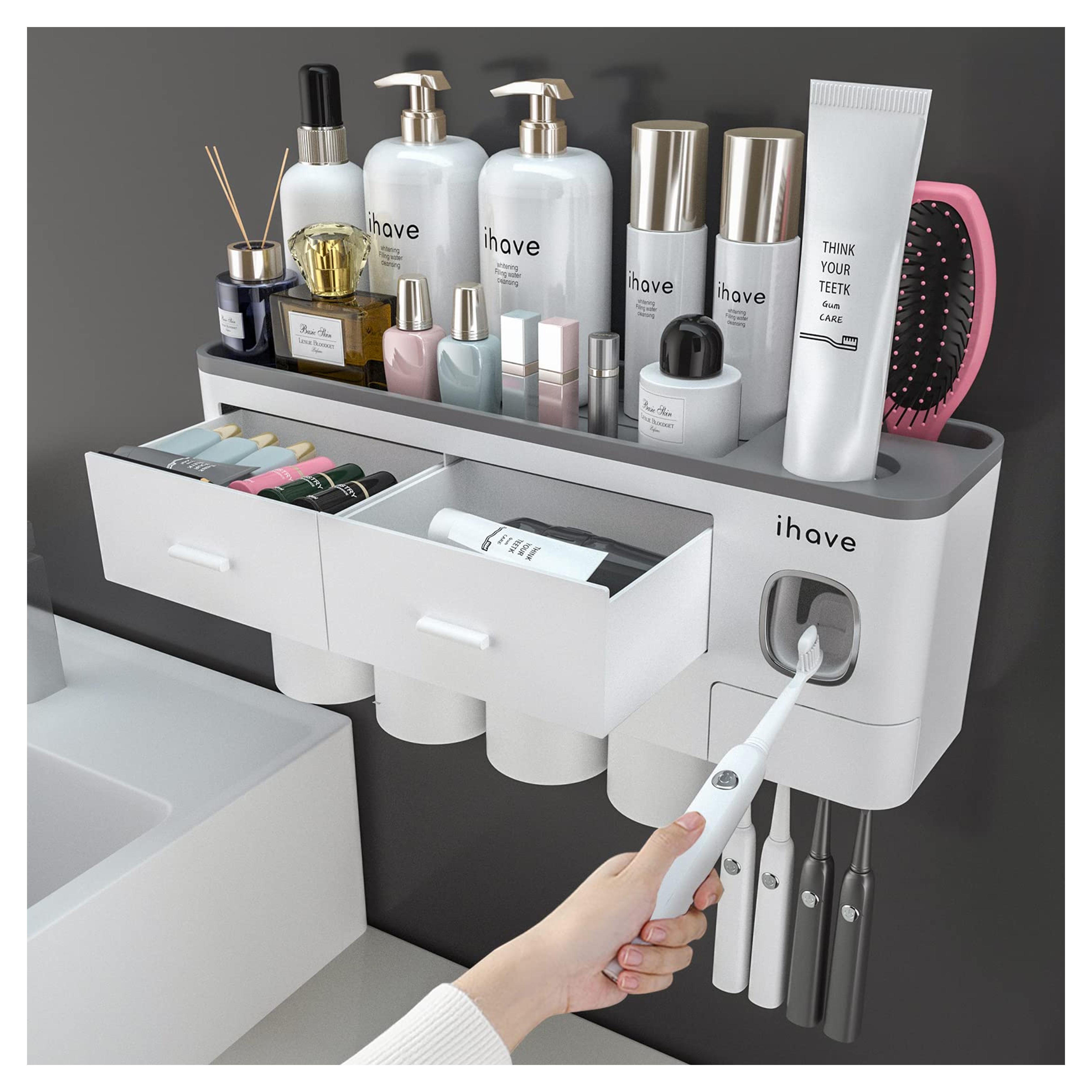 Amazon.com: iHave Toothbrush Holders for Bathrooms, 4 Cups Toothbrush Holder Wall Mounted with Toothpaste Dispenser, Large Capacity Tray, 2 Cosmetic Drawer and 7 Brush Slots with Cover Tooth Brush Holder : Home & Kitchen