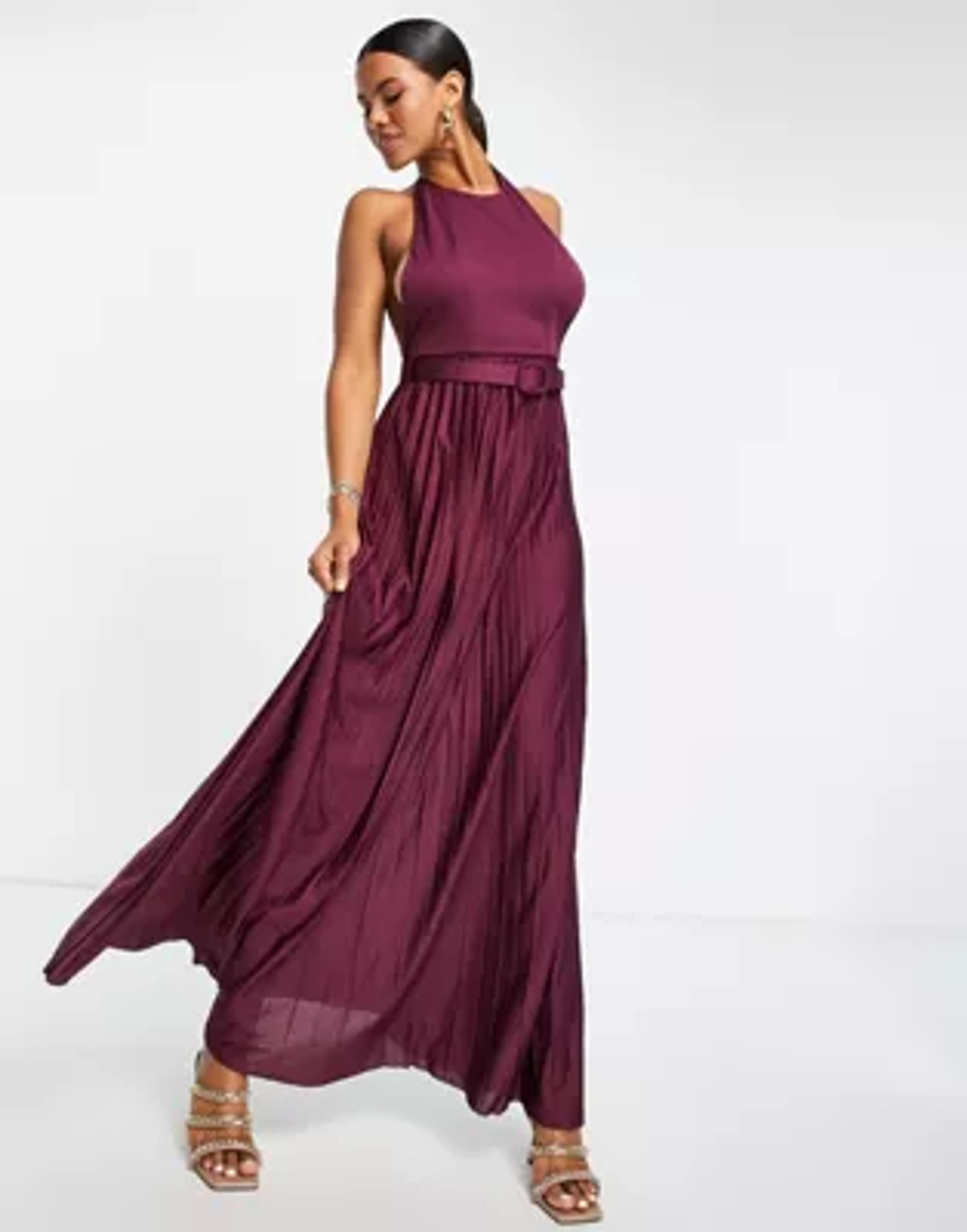 ASOS DESIGN halter belted pleated maxi dress in oxblood | ASOS