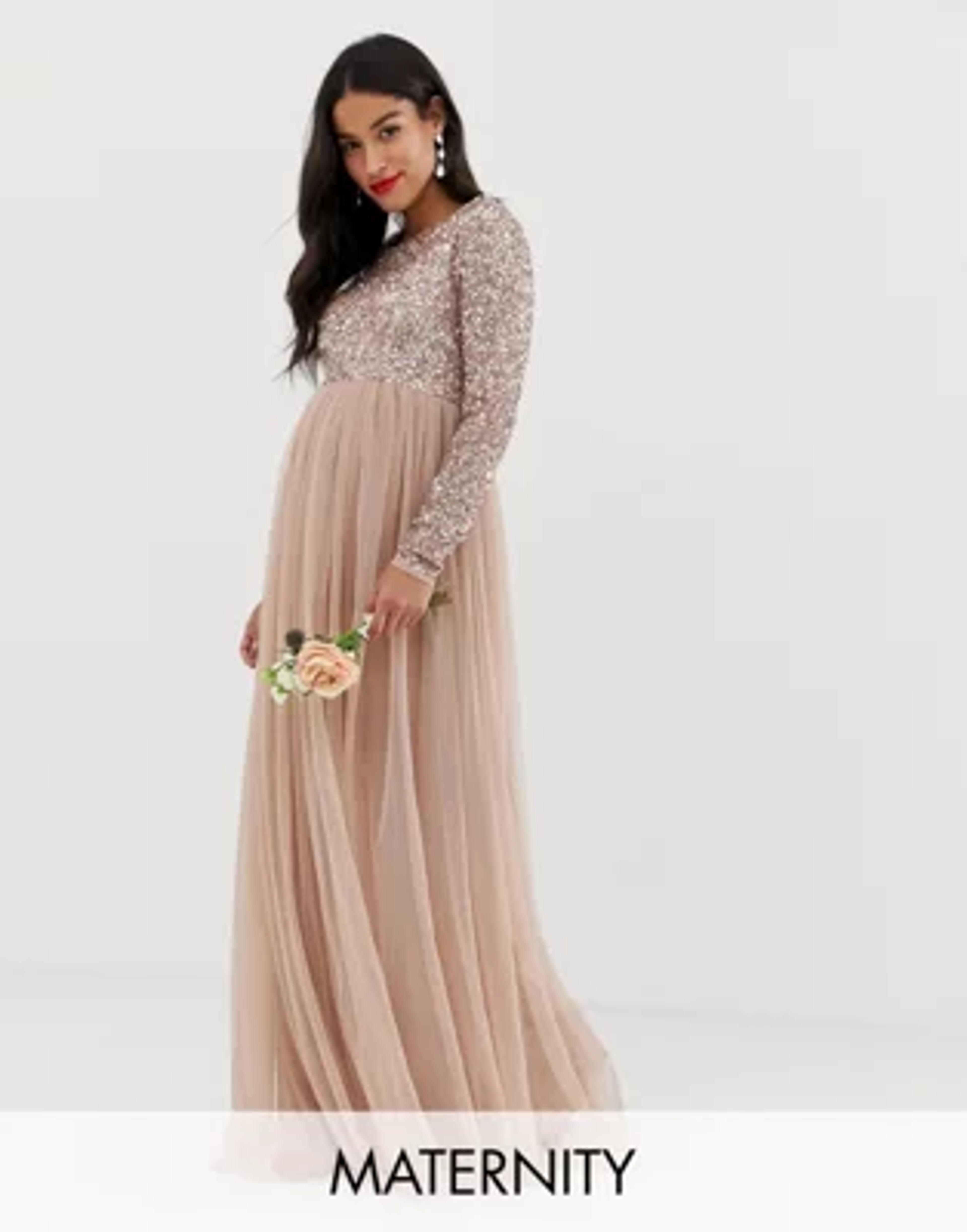 Maya Maternity Bridesmaid long sleeve maxi tulle dress with tonal delicate sequins in muted blush | ASOS