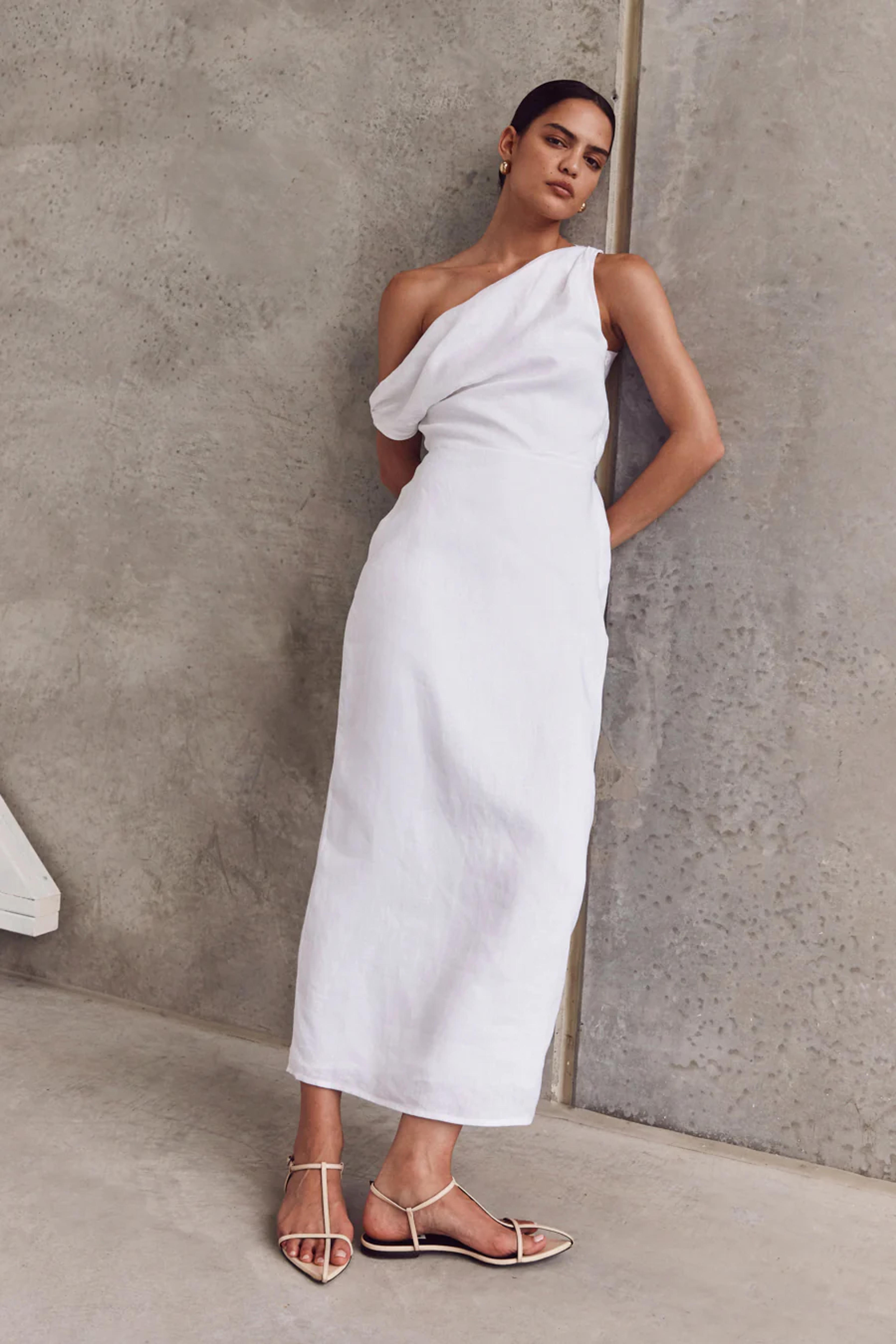 CASS WHITE LINEN ASYM MIDI DRESS | Dissh