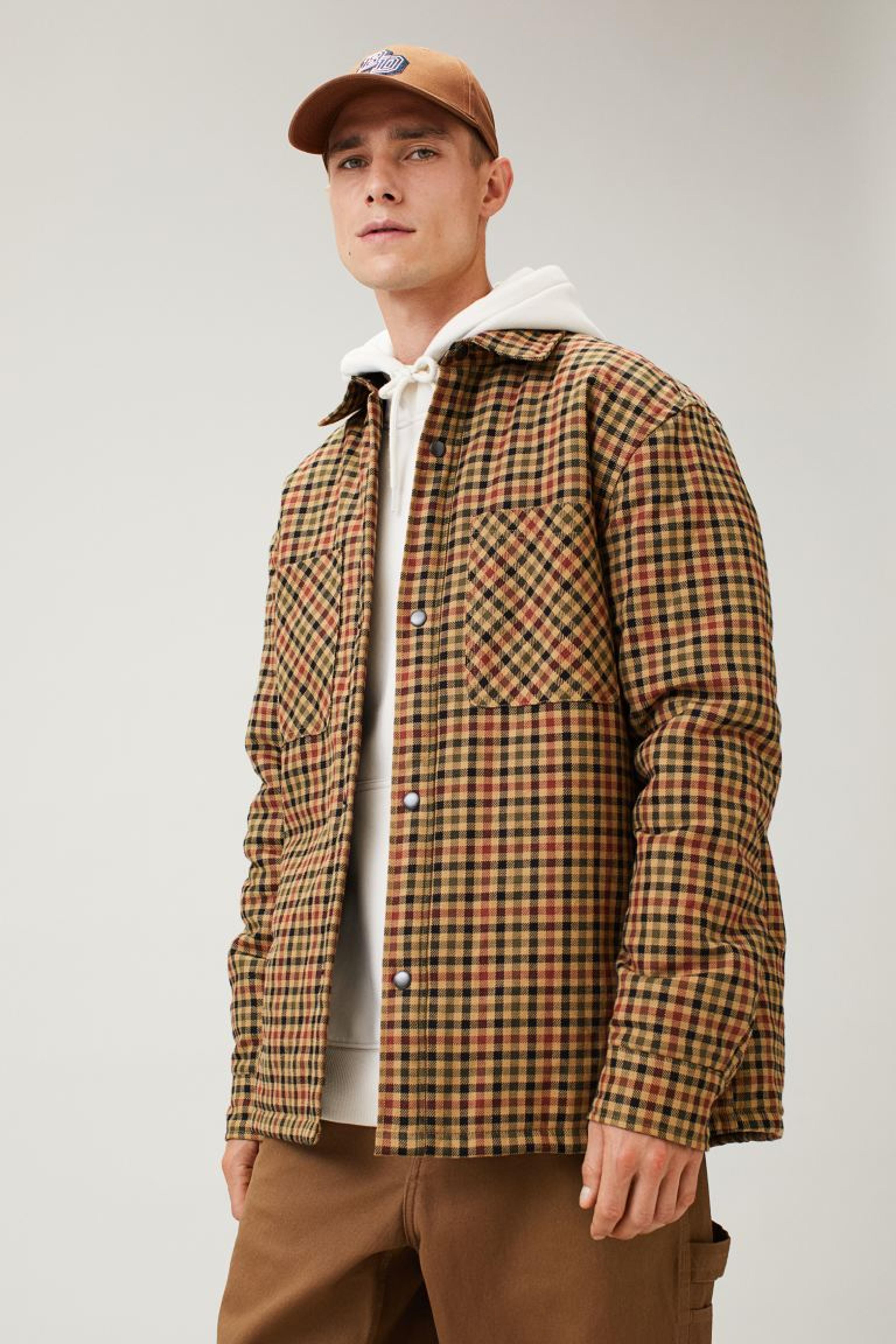 Padded Overshirt - Dark beige/black plaid - Men | H&M US