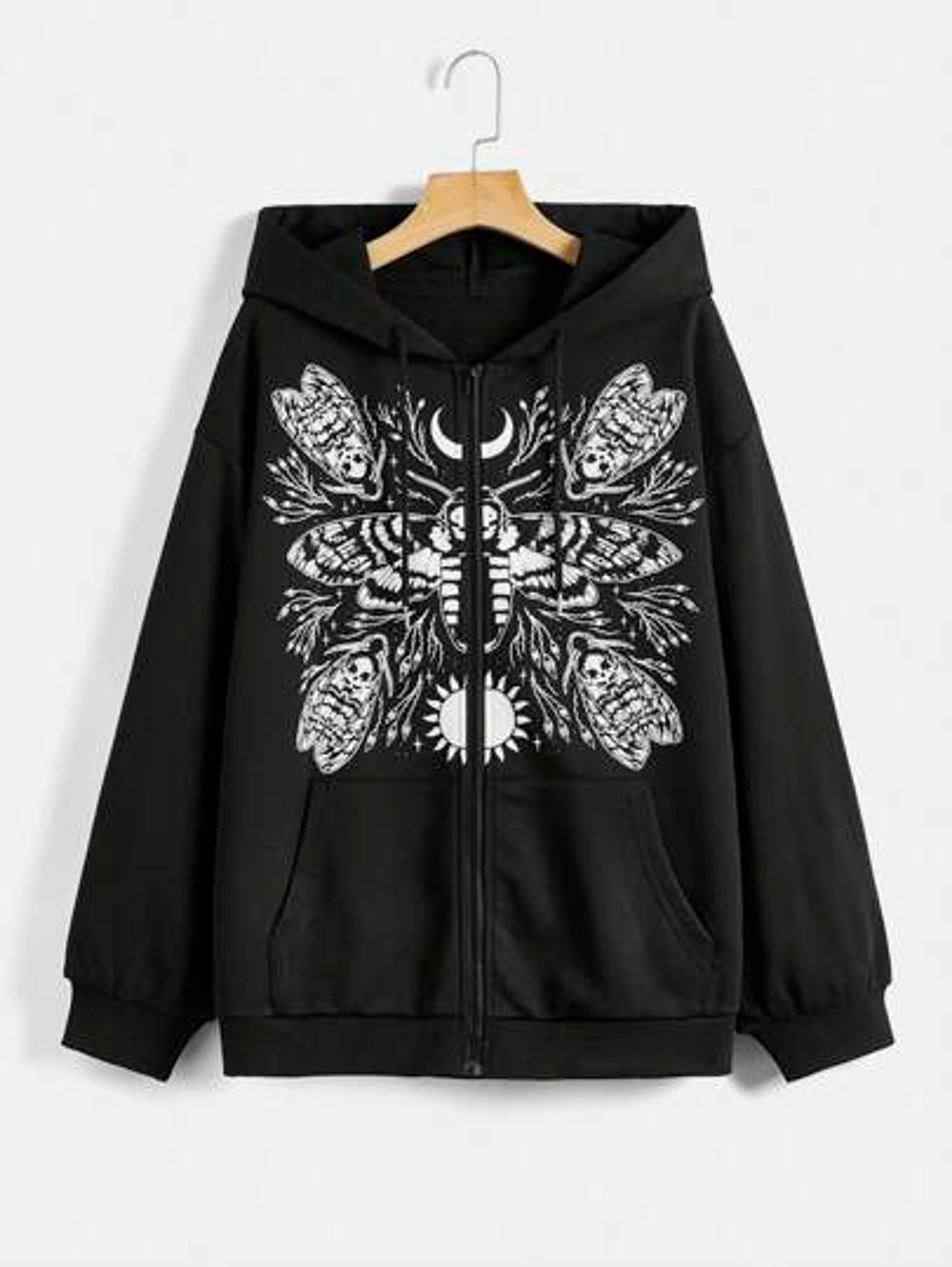 Mystic heart Moth Print Zip Up Drawstring Hoodie