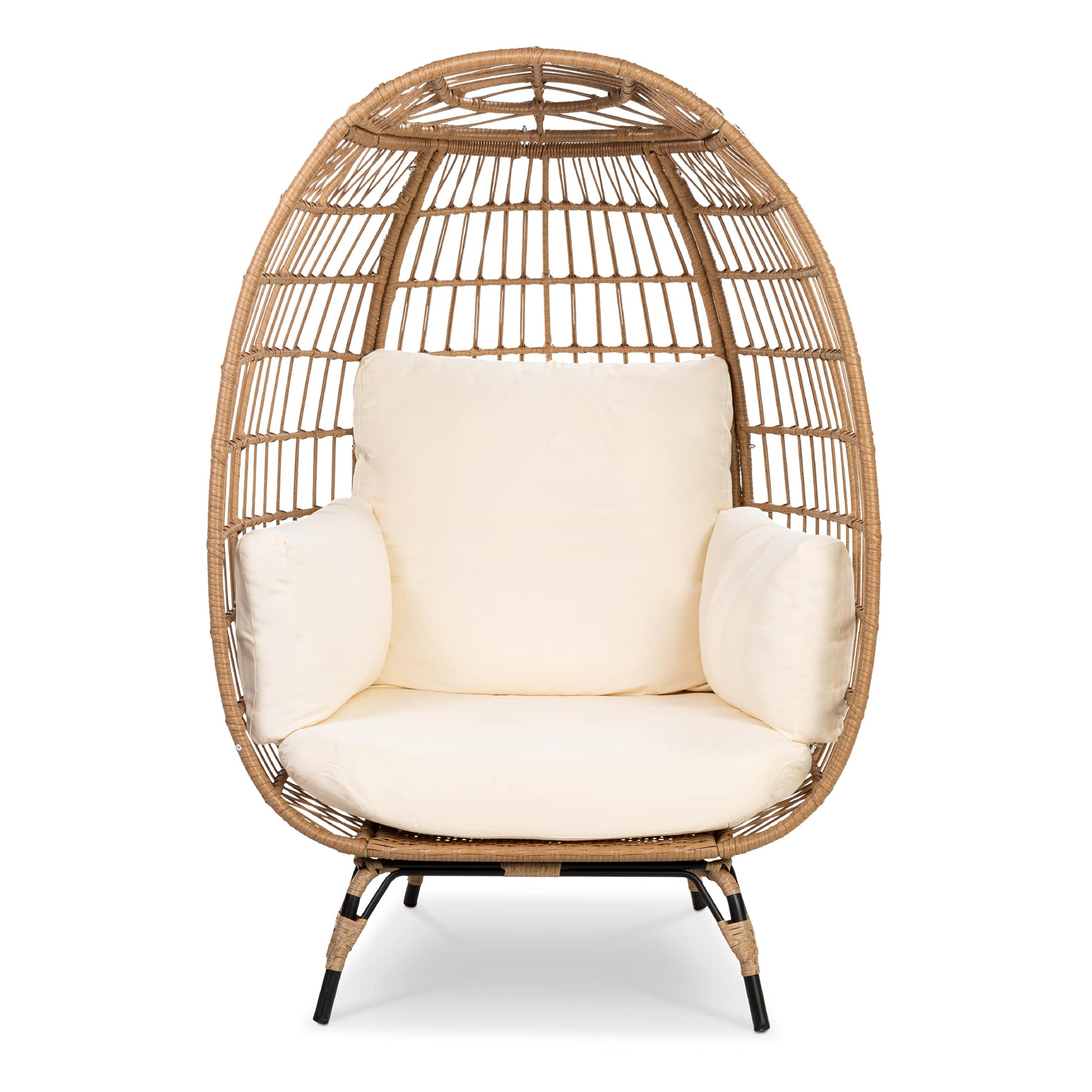 Best Choice Products Wicker Egg Chair, Oversized Indoor Outdoor Lounger for Patio, Backyard, Living Room w/ 4 Cushions, Steel Frame, 440lb Capacity - Ivory