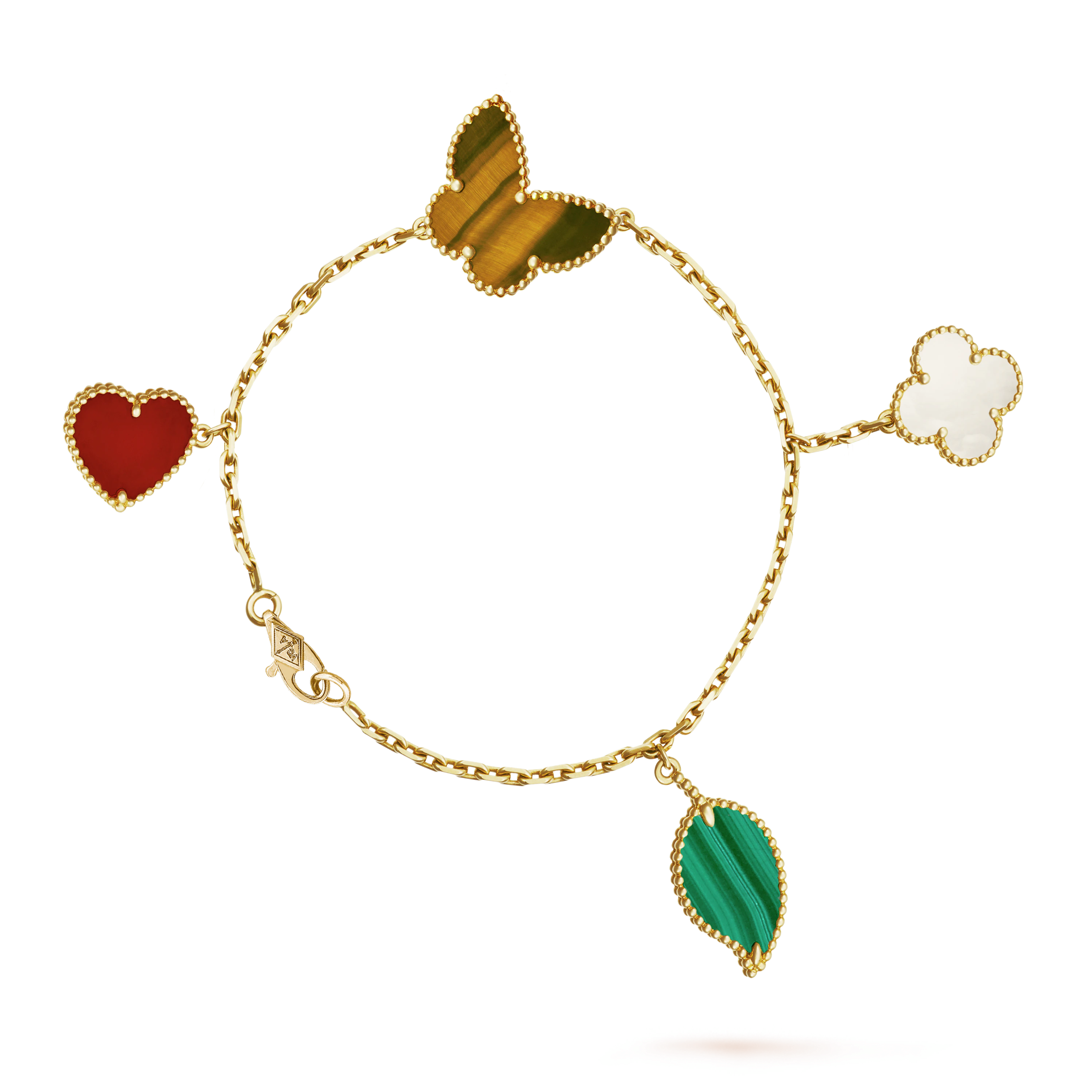 Lucky Alhambra bracelet, 4 motifs 18K yellow gold, Carnelian, Malachite, Mother-of-pearl, Tiger Eye - Van Cleef & Arpels