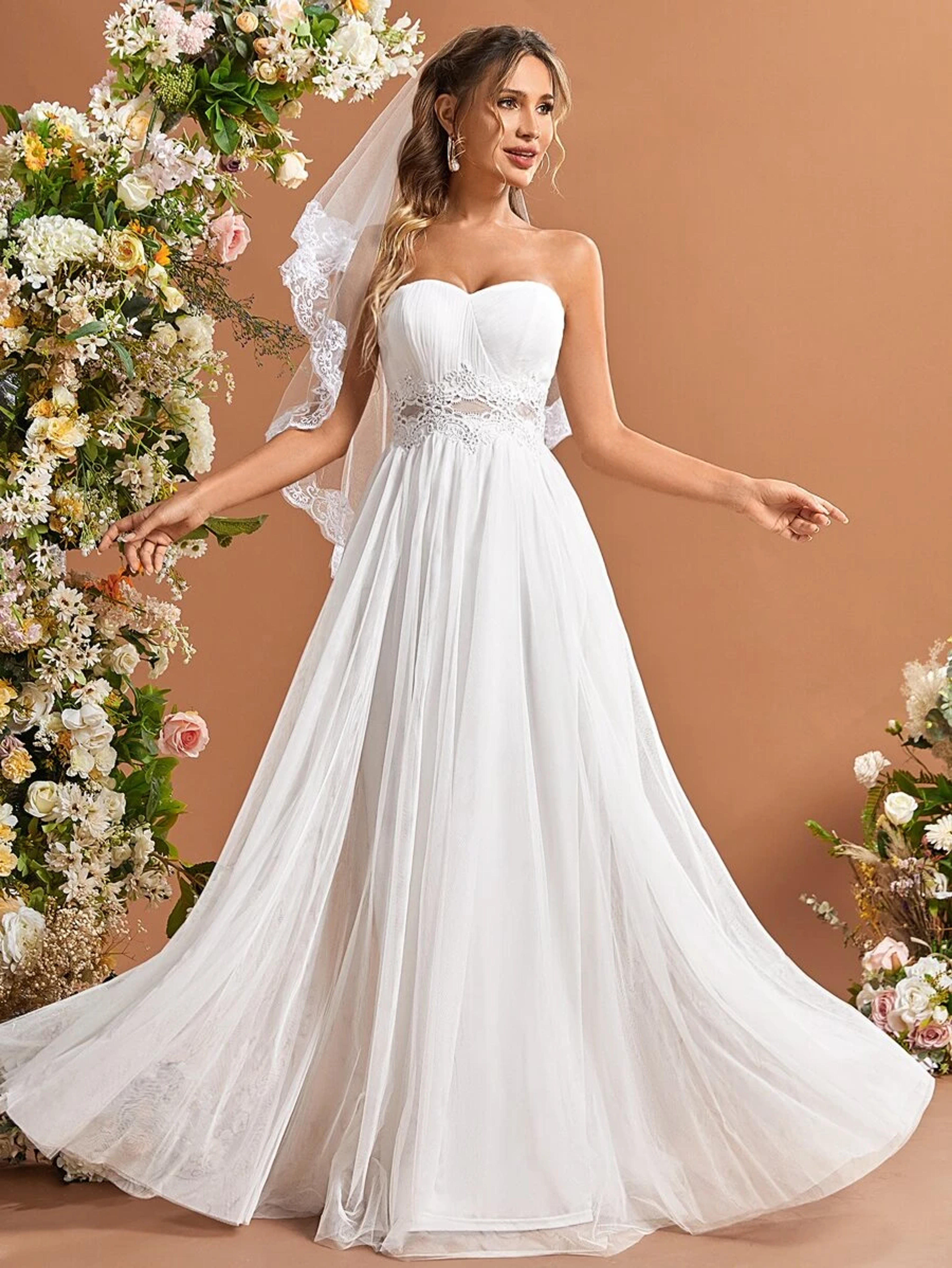 Contrast Guipure Lace Mesh Tube Wedding Dress Without Veil | SHEIN USA