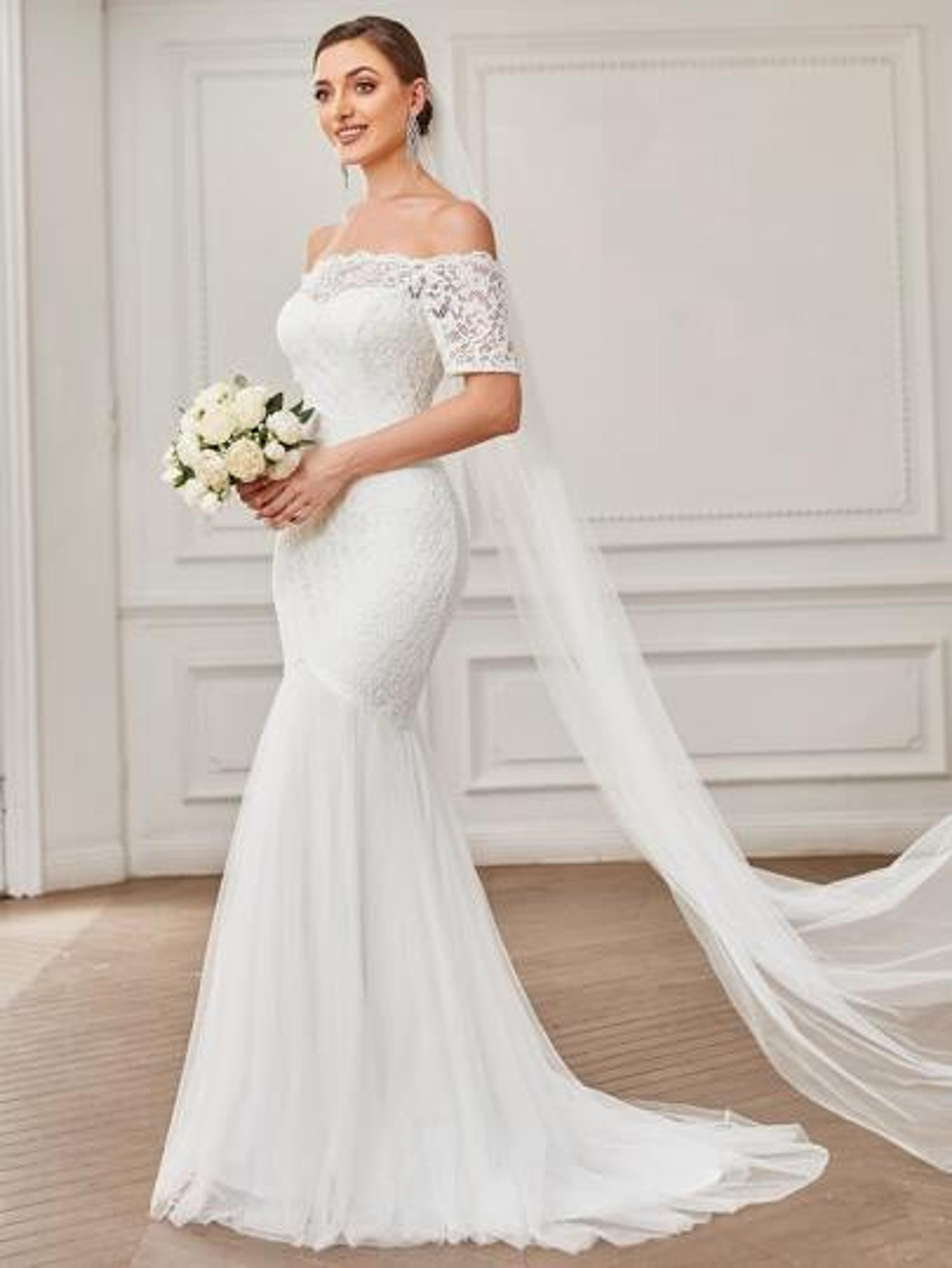 EVER-PRETTY Off Shoulder Mermaid Hem Lace Wedding Dress | SHEIN USA