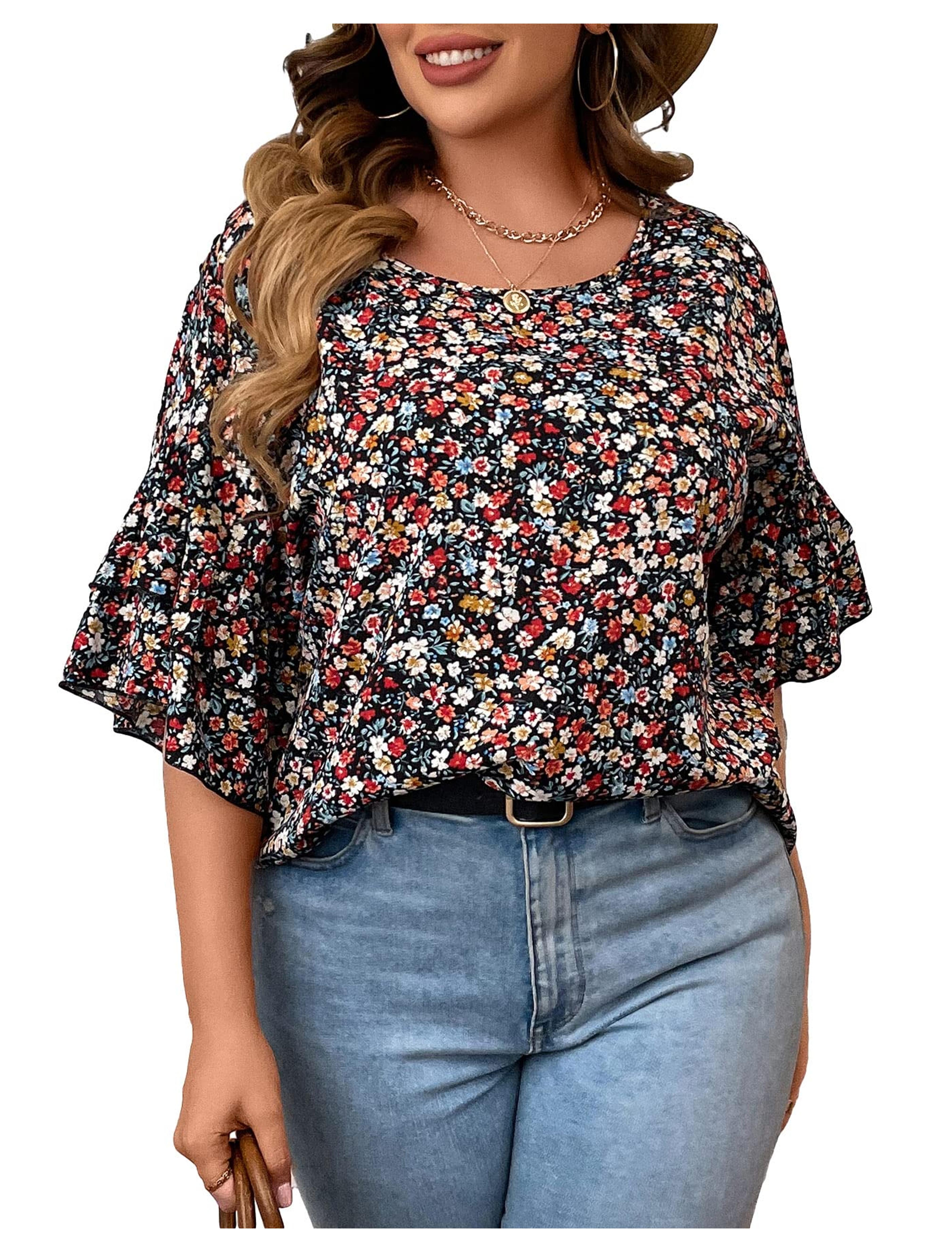 SOLY HUX Women's Plus Size Ditsy Floral Print Blouse Ruffle Half Sleeve Summer Tops