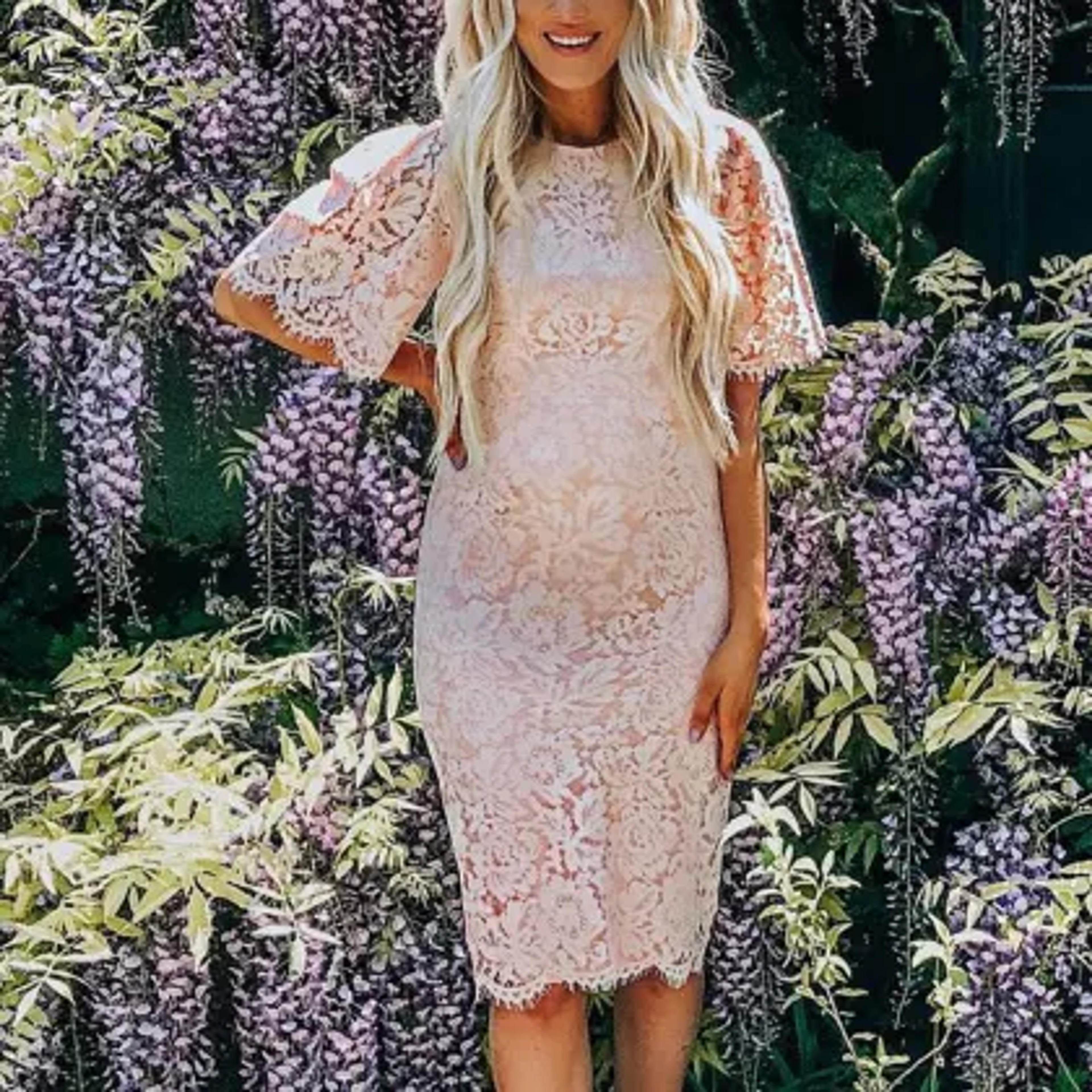 Maternity Lace Round Neck Short Sleeve Mini Dress - Lukalula.com