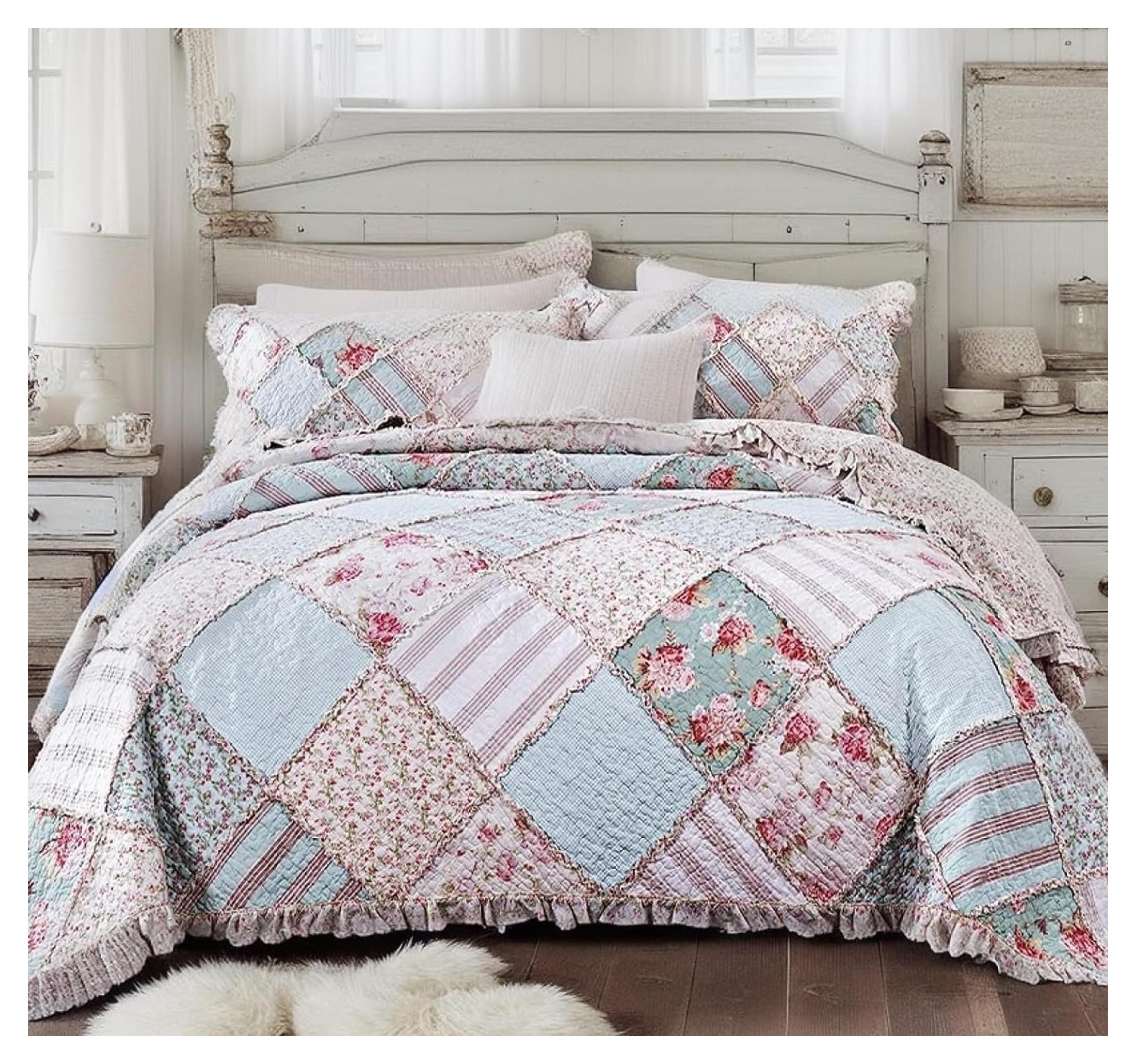 DaDa Bedding Cottage Floral Patchwork Bedspread Set - Hint of Mint Dainty Quilted Cotton Blooming Garden Botanical - Multi Colorful Ruffle Pastel Light Pink Blue/Green - Full - 3-Pieces